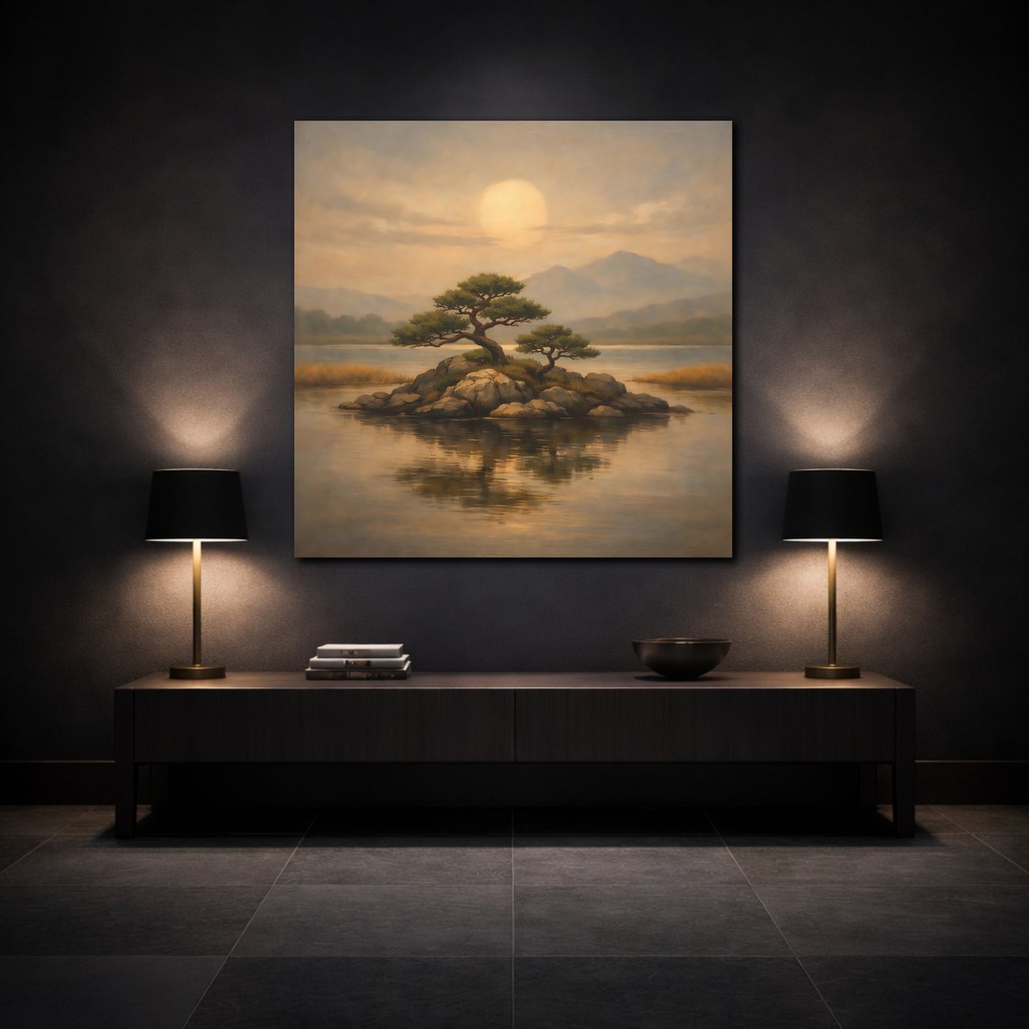 Mockup 3. Nature Island Trees Golden Landscape shown as stretched canvas wall art
