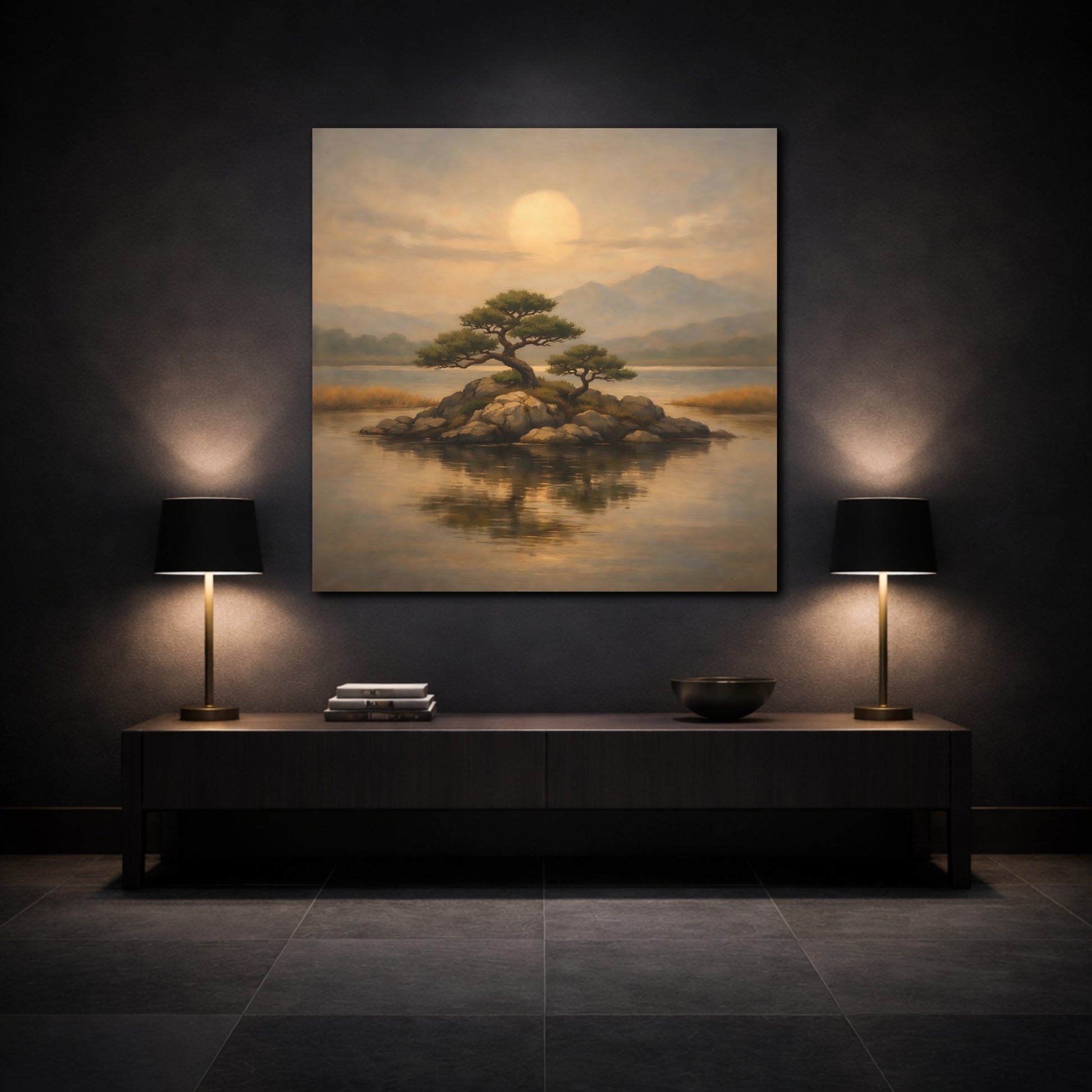 Mockup 3. Nature Island Trees Golden Landscape shown as stretched canvas wall art