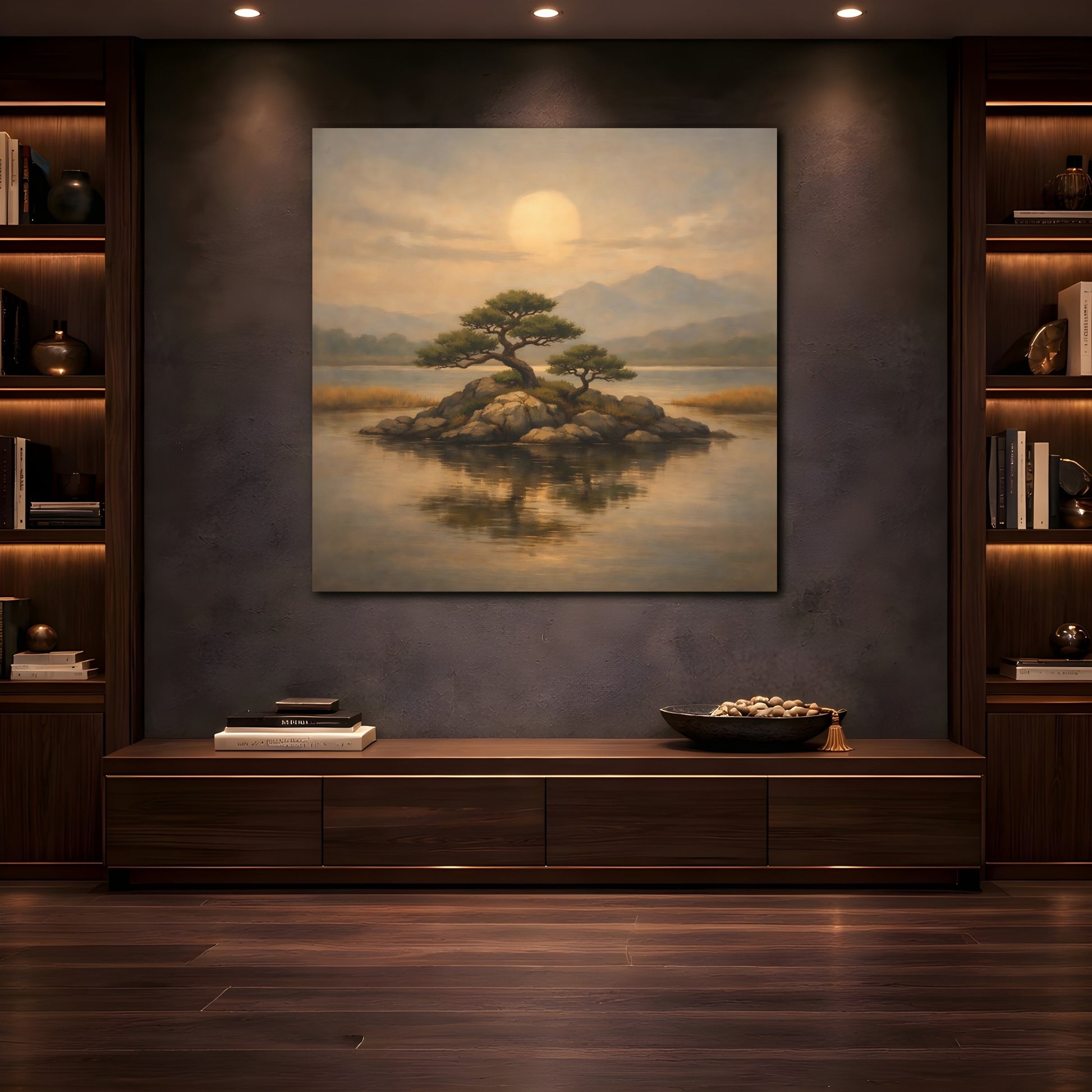 Mockup 4. Nature Island Trees Golden Landscape shown as stretched canvas wall art
