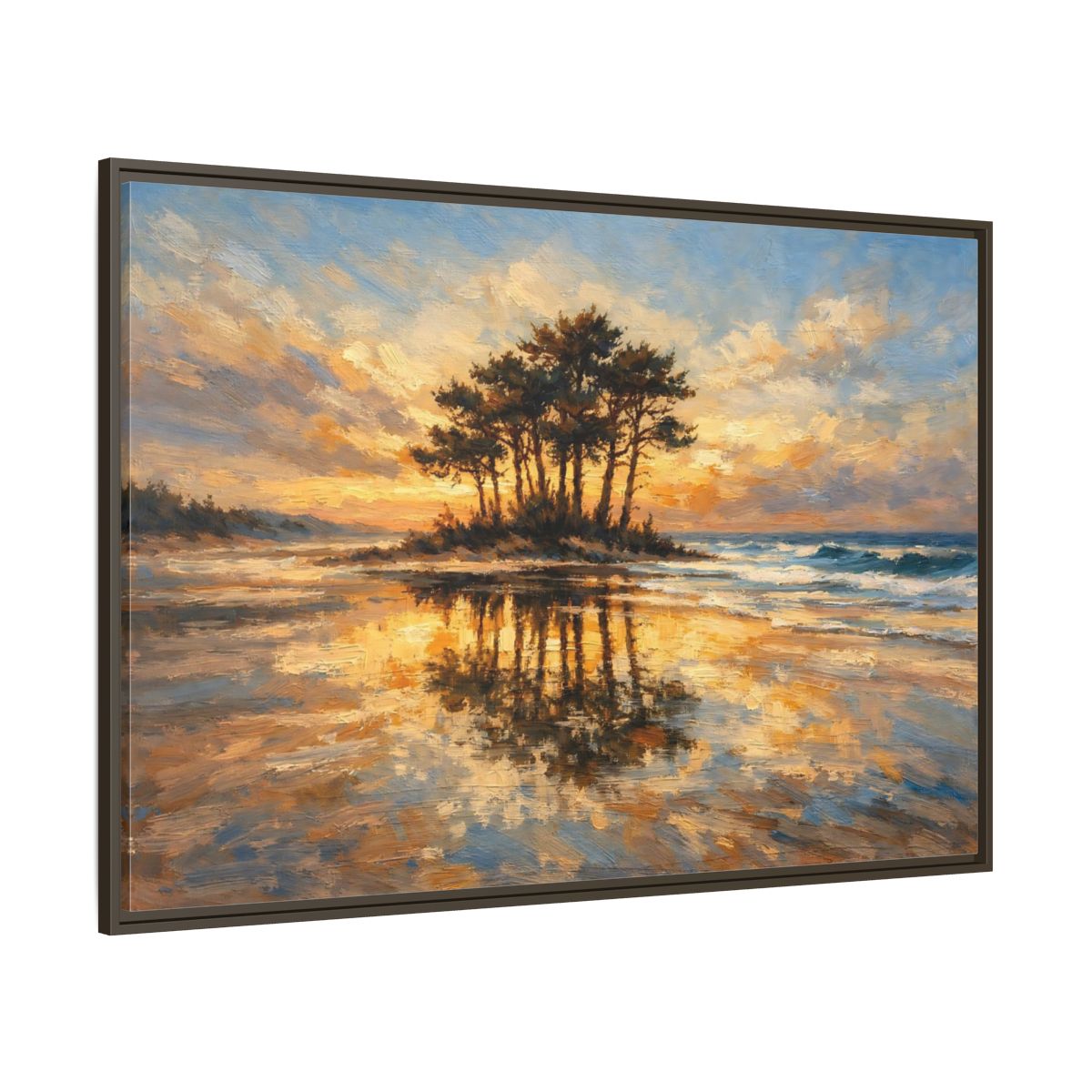 Main Mockup. Nature Island Trees Golden Sunset Landscape shown as stretched canvas wall art