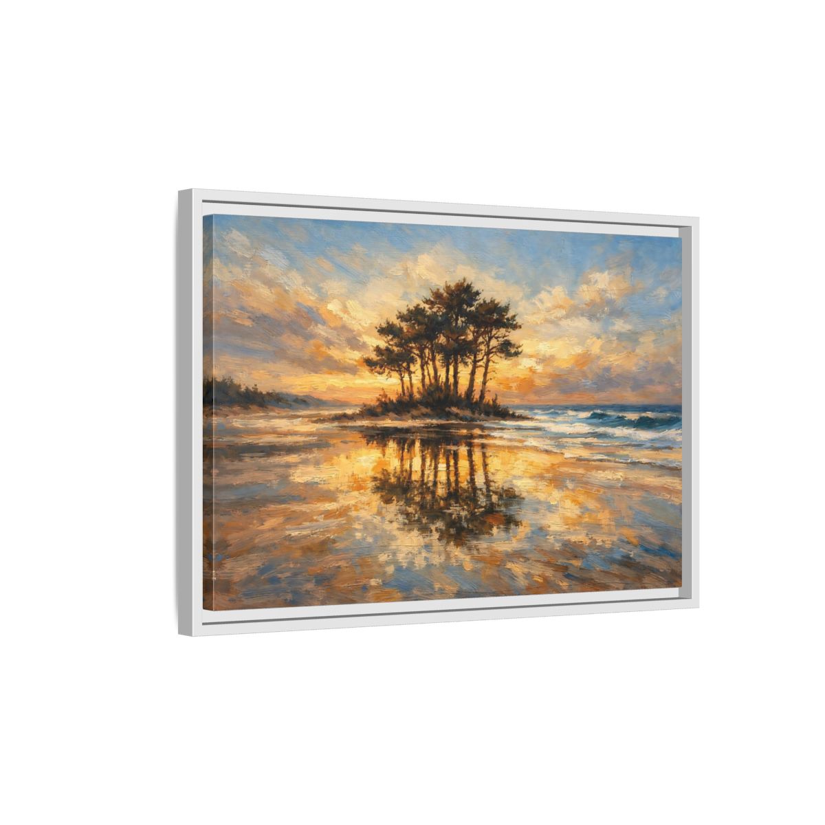 Side Mockup 1. Nature Island Trees Golden Sunset Landscape shown as stretched canvas wall art