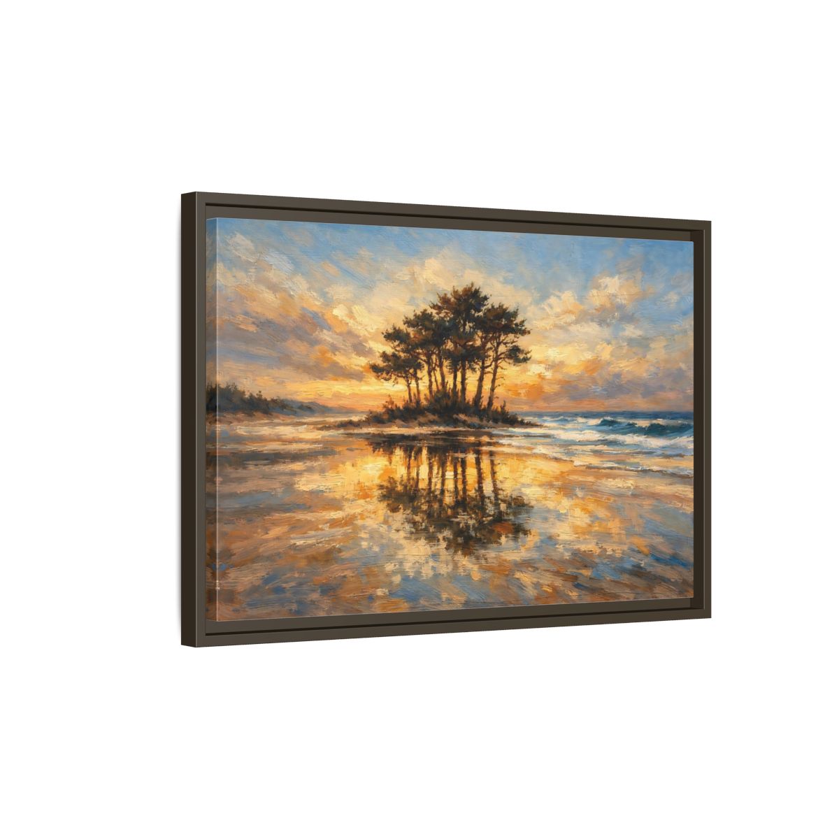 Side Mockup 2. Nature Island Trees Golden Sunset Landscape shown as stretched canvas wall art