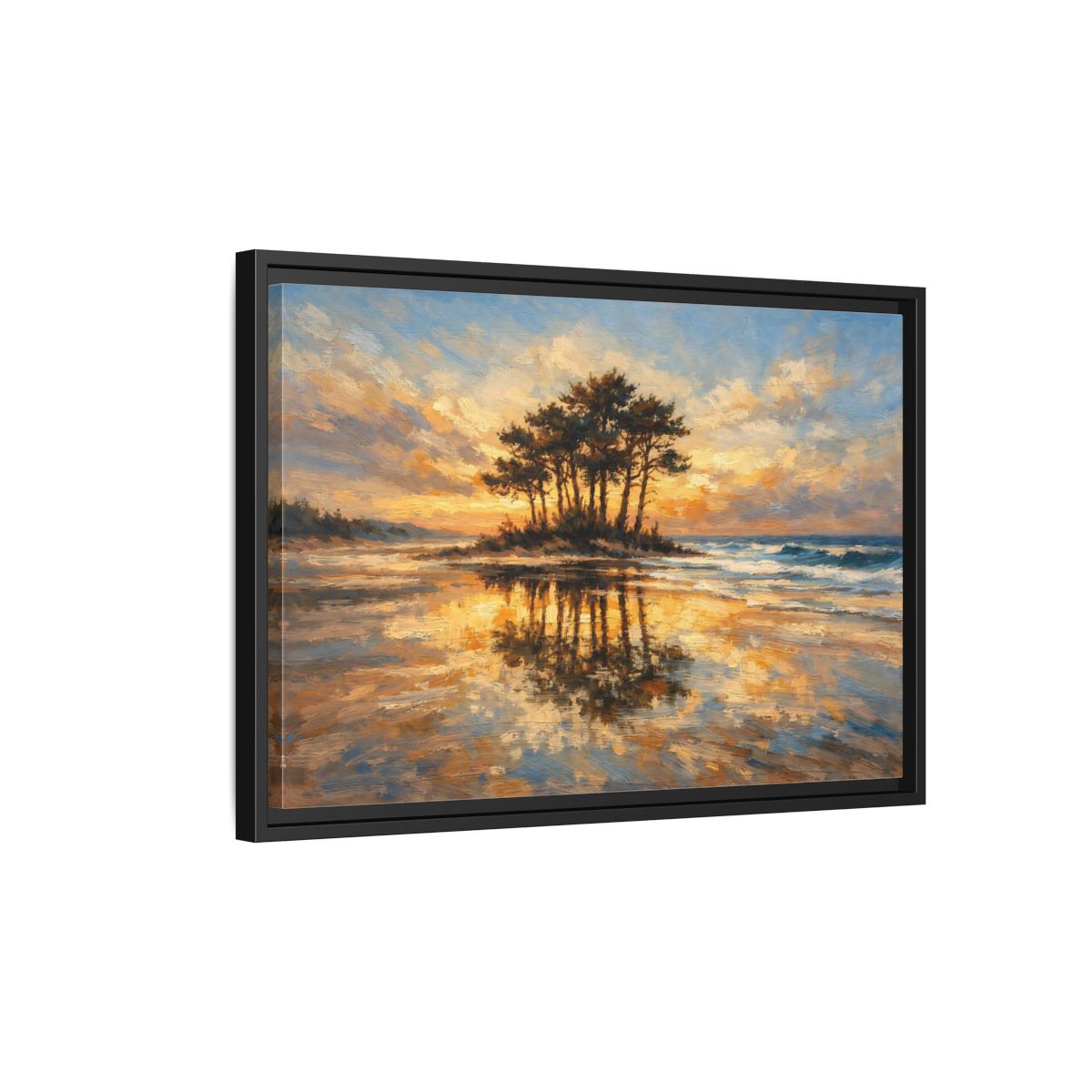 Side Mockup 3. Nature Island Trees Golden Sunset Landscape shown as stretched canvas wall art