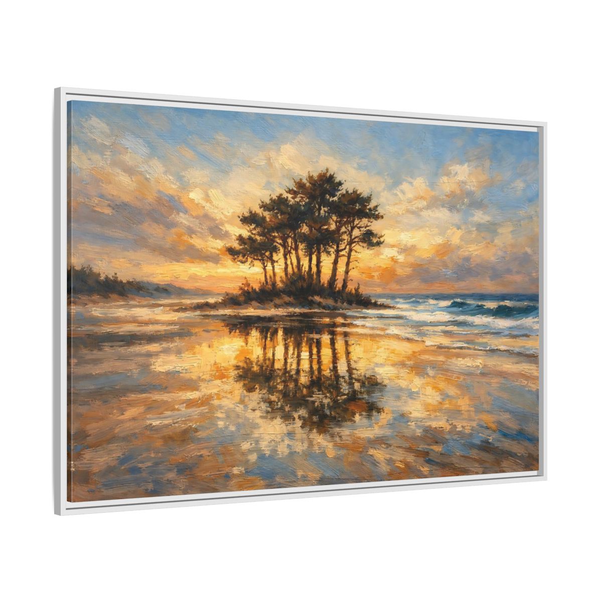 Side Mockup 7. Nature Island Trees Golden Sunset Landscape shown as stretched canvas wall art