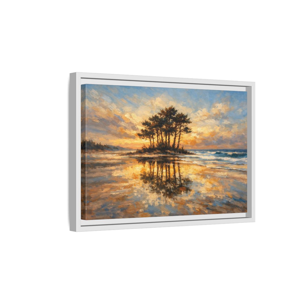 Side Mockup 4. Nature Island Trees Golden Sunset Landscape shown as stretched canvas wall art