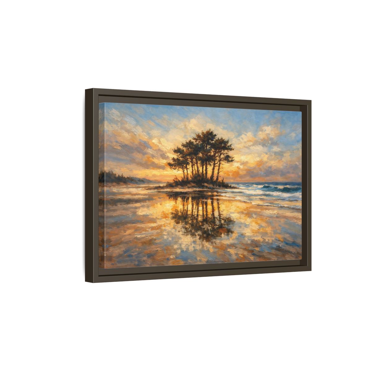 Side Mockup 5. Nature Island Trees Golden Sunset Landscape shown as stretched canvas wall art