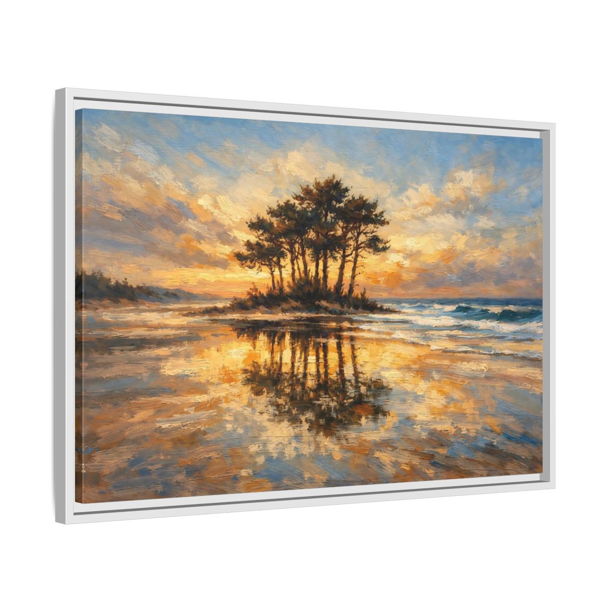 Side Mockup 10. Nature Island Trees Golden Sunset Landscape shown as stretched canvas wall art