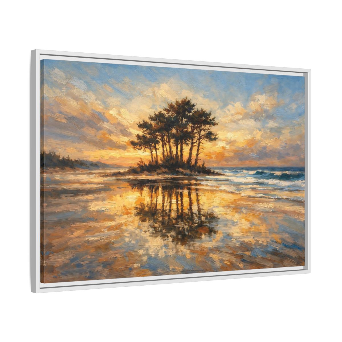 Side Mockup 8. Nature Island Trees Golden Sunset Landscape shown as stretched canvas wall art