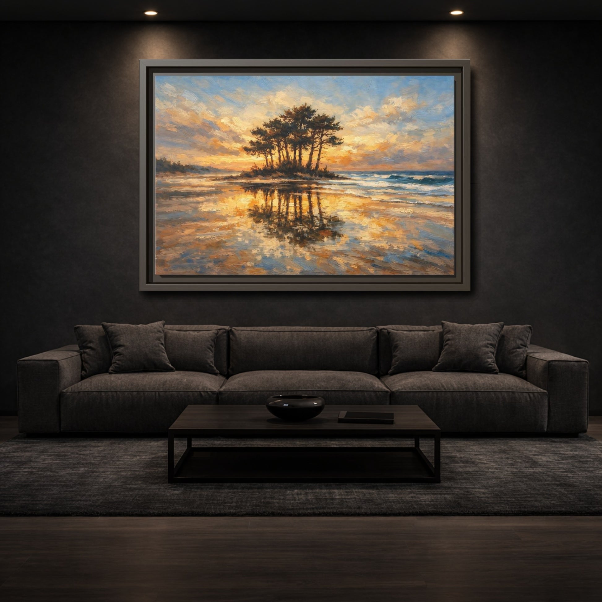 Mockup 2. Nature Island Trees Golden Sunset Landscape shown as stretched canvas wall art