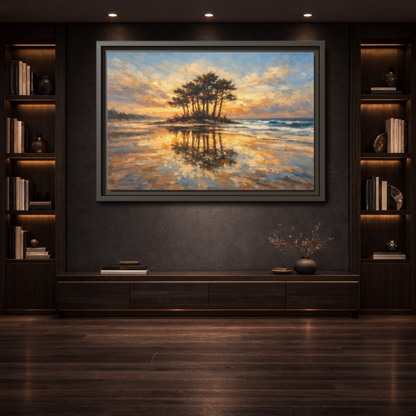 Mockup 3. Nature Island Trees Golden Sunset Landscape shown as stretched canvas wall art
