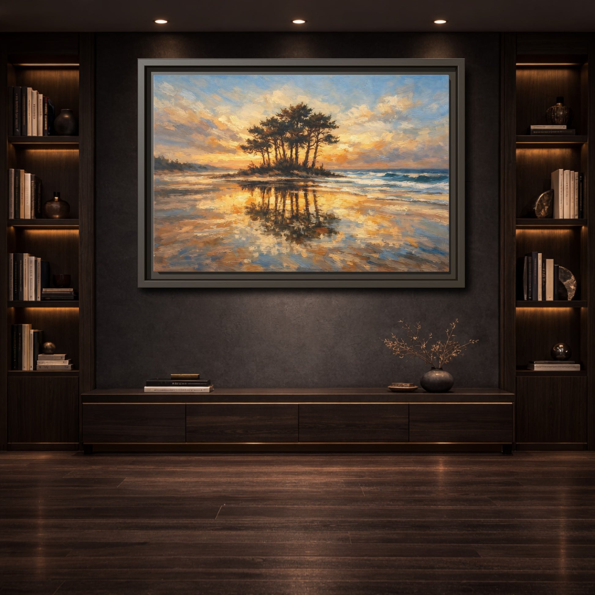 Mockup 3. Nature Island Trees Golden Sunset Landscape shown as stretched canvas wall art