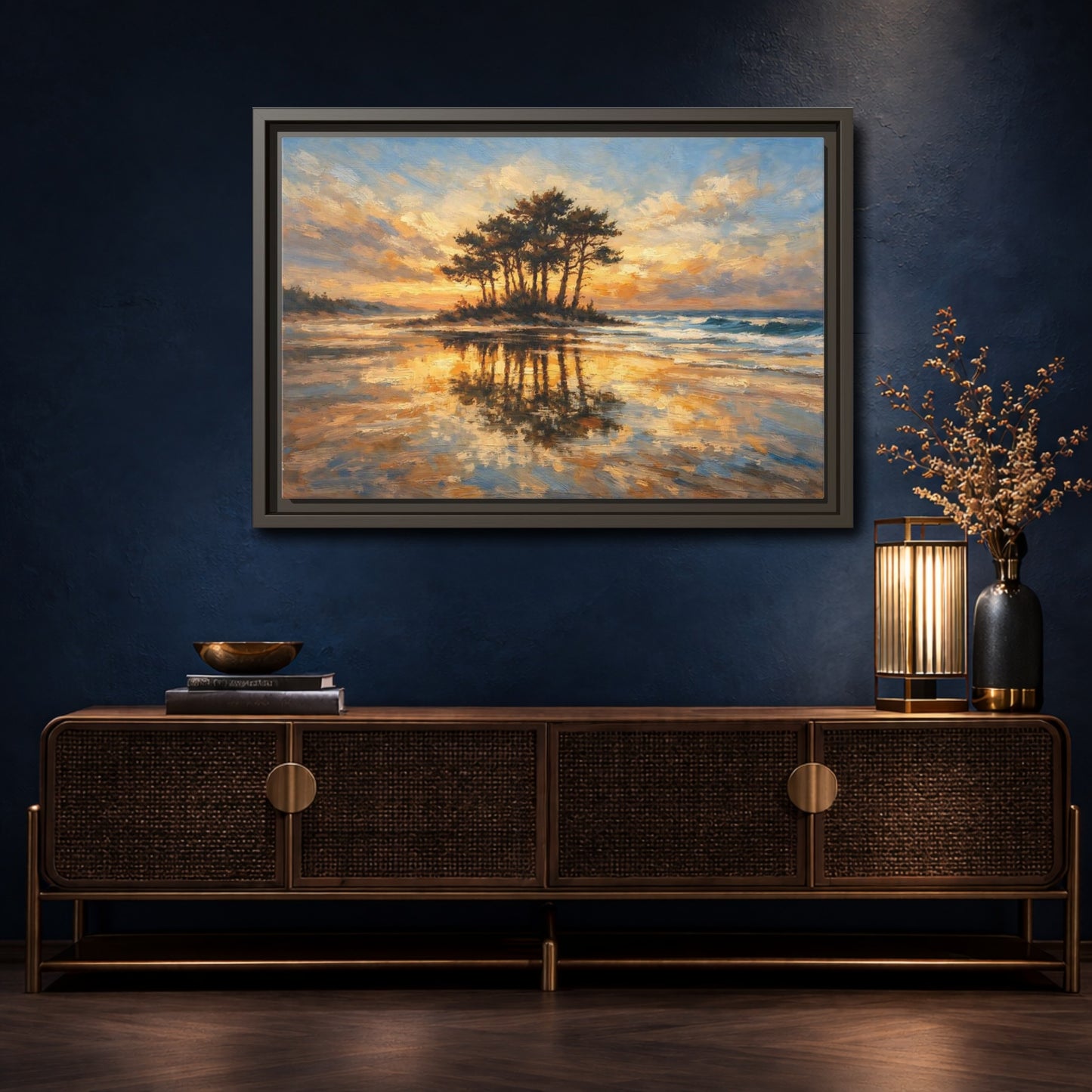 Mockup 4. Nature Island Trees Golden Sunset Landscape shown as stretched canvas wall art