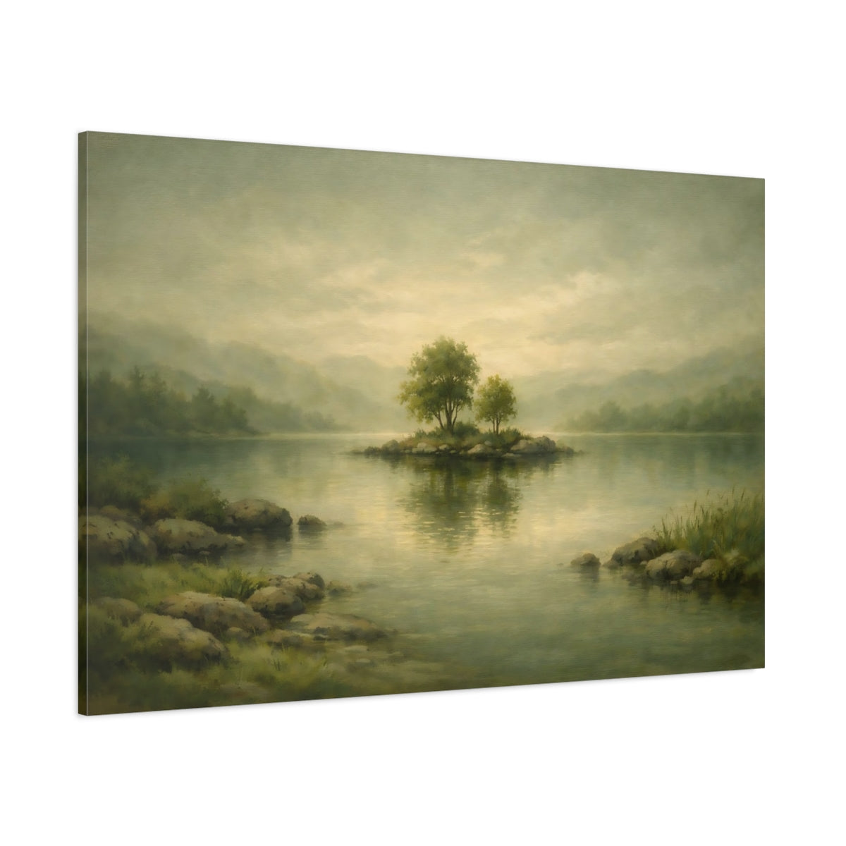 Main Mockup. Nature Island Trees Green Lake Landscape shown as stretched canvas wall art
