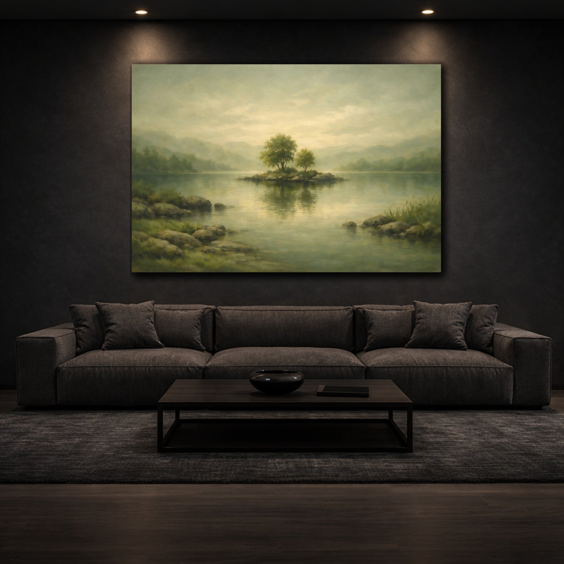 Mockup 2. Nature Island Trees Green Lake Landscape shown as stretched canvas wall art