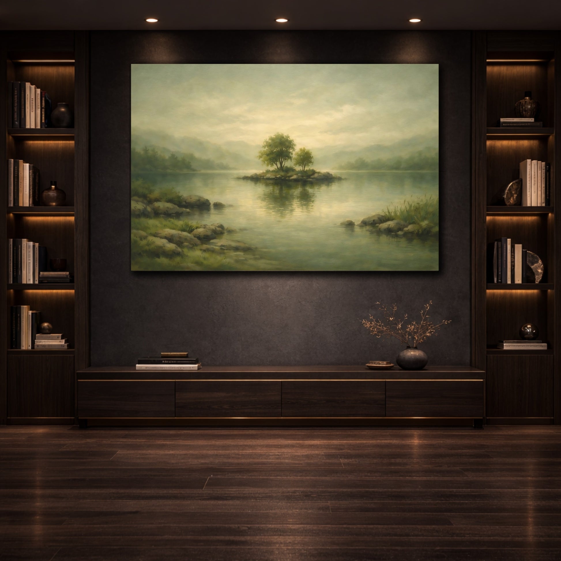Mockup 3. Nature Island Trees Green Lake Landscape shown as stretched canvas wall art