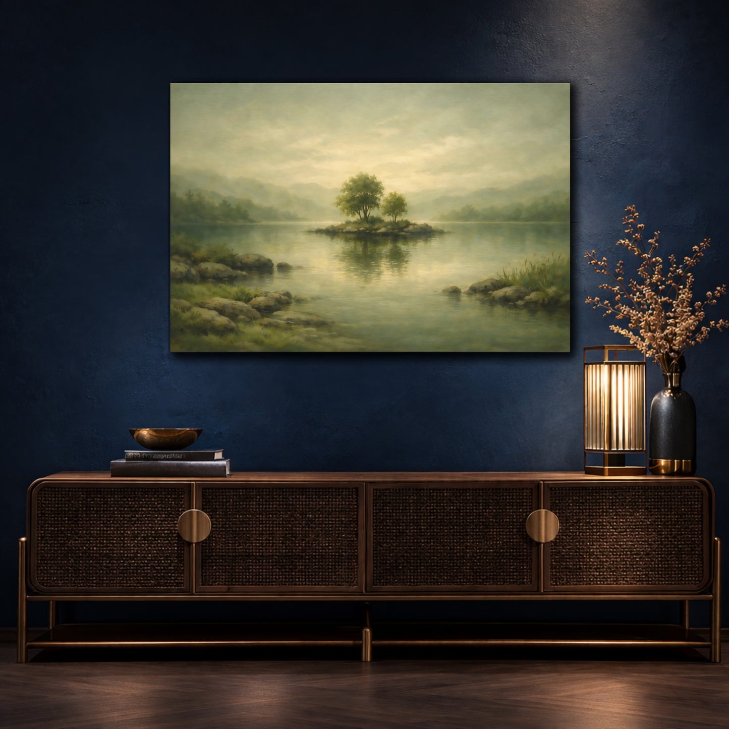 Mockup 4. Nature Island Trees Green Lake Landscape shown as stretched canvas wall art