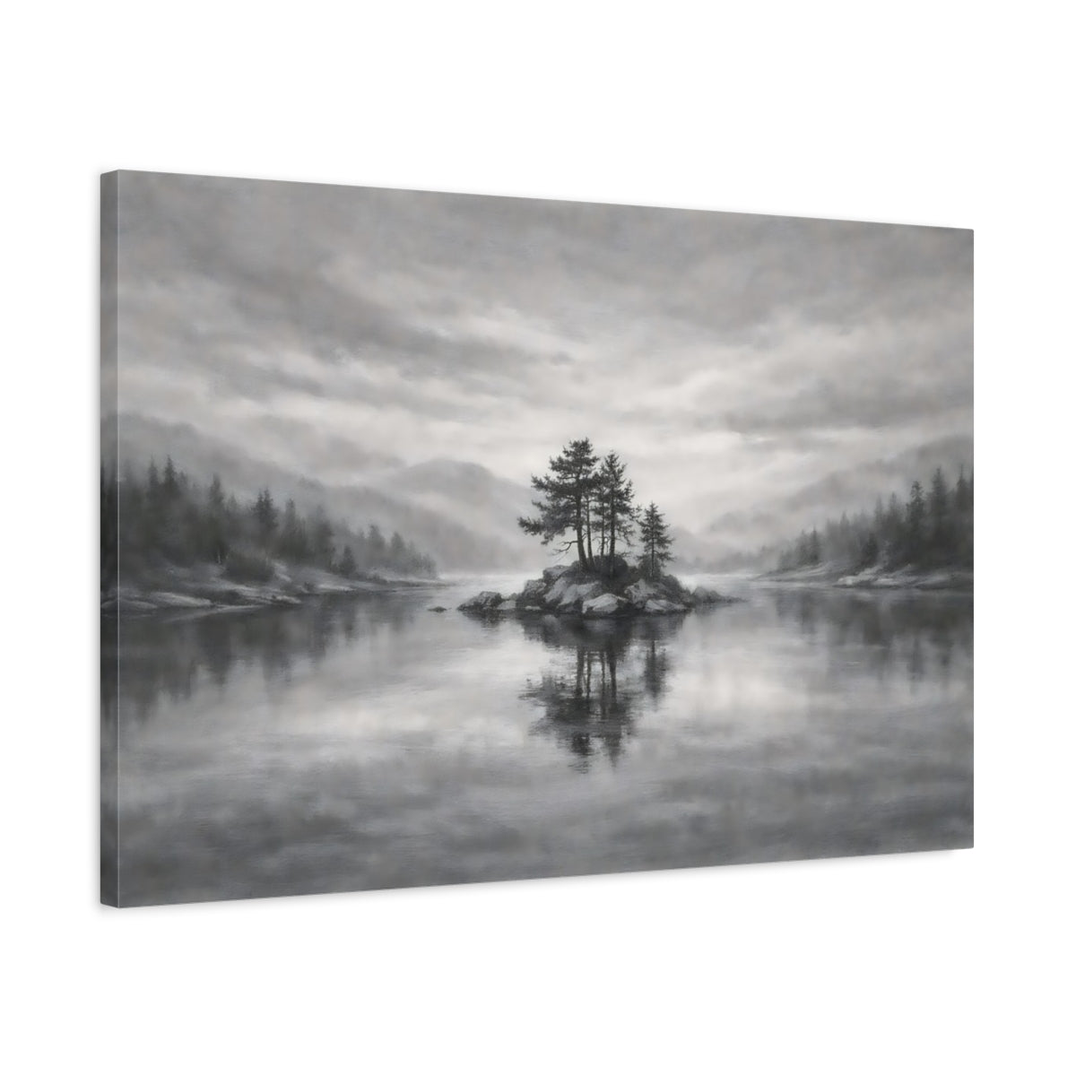 Side Mockup 2. Nature Island Trees Monochrome Landscape shown as stretched canvas wall art