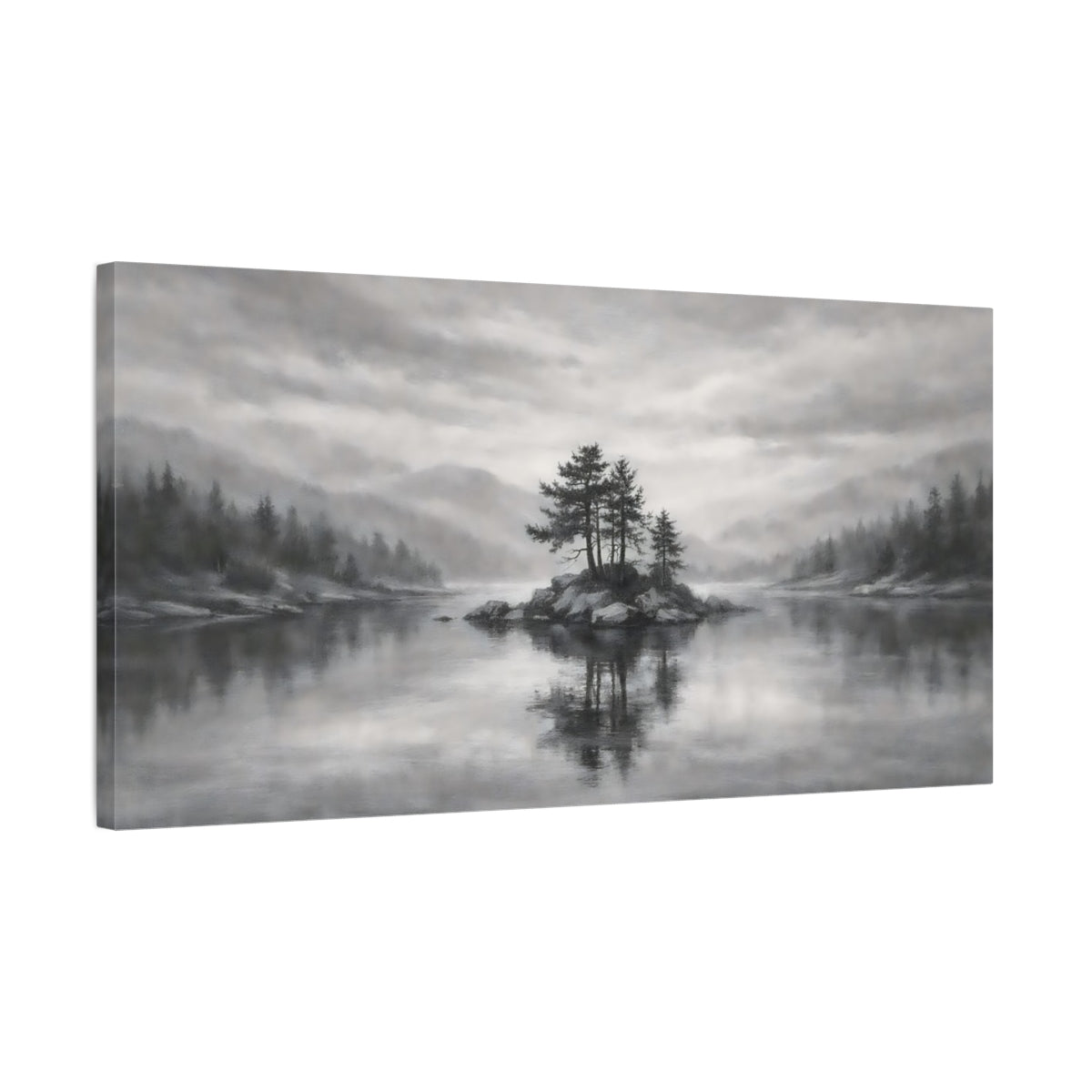 Side Mockup 2. Nature Island Trees Monochrome Landscape shown as stretched canvas wall art