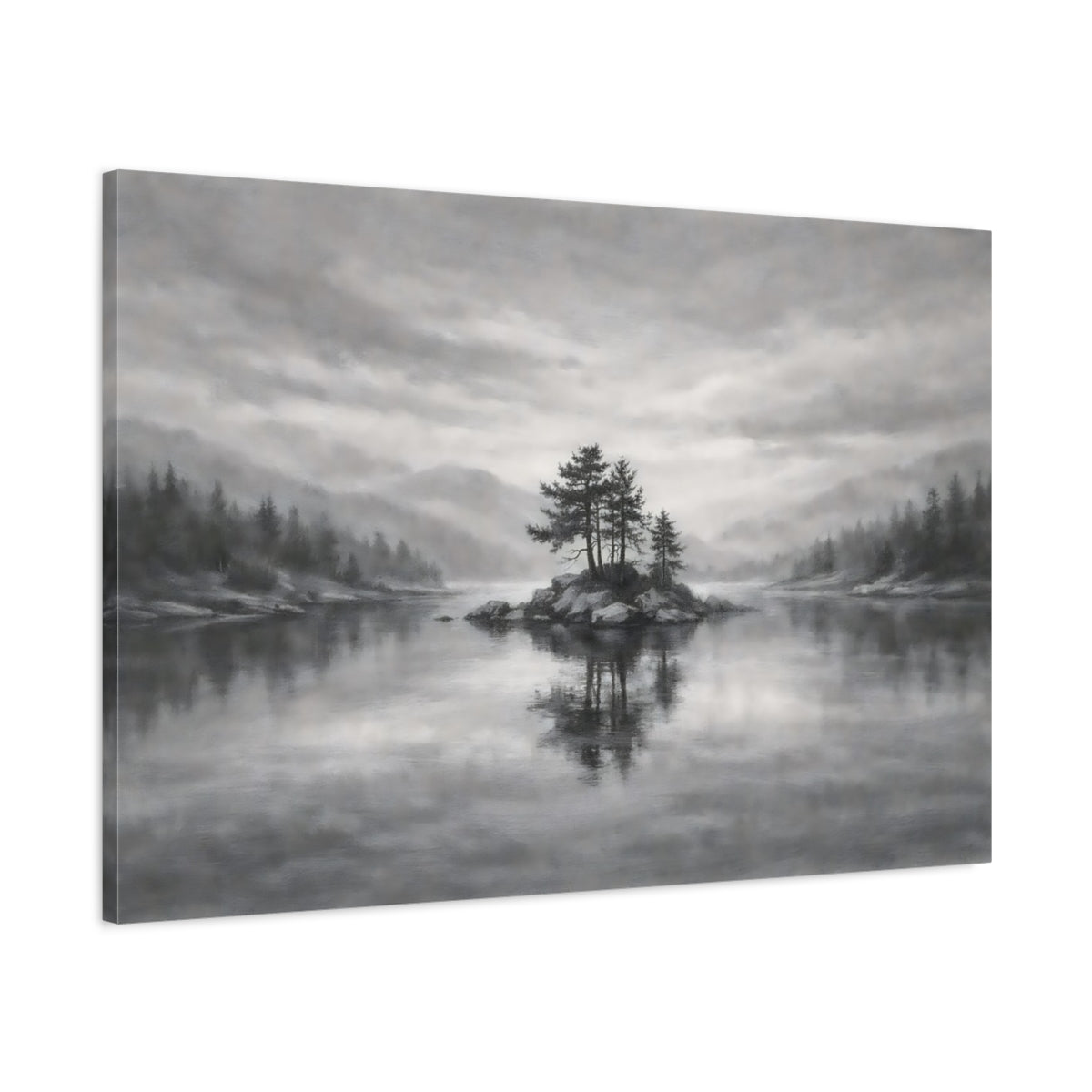 Side Mockup 1. Nature Island Trees Monochrome Landscape shown as stretched canvas wall art