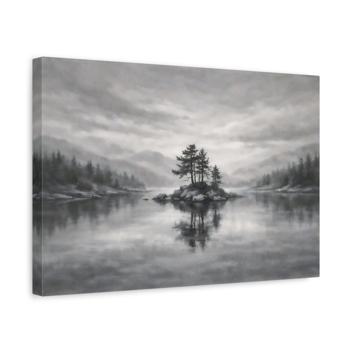 Side Mockup 4. Nature Island Trees Monochrome Landscape shown as stretched canvas wall art