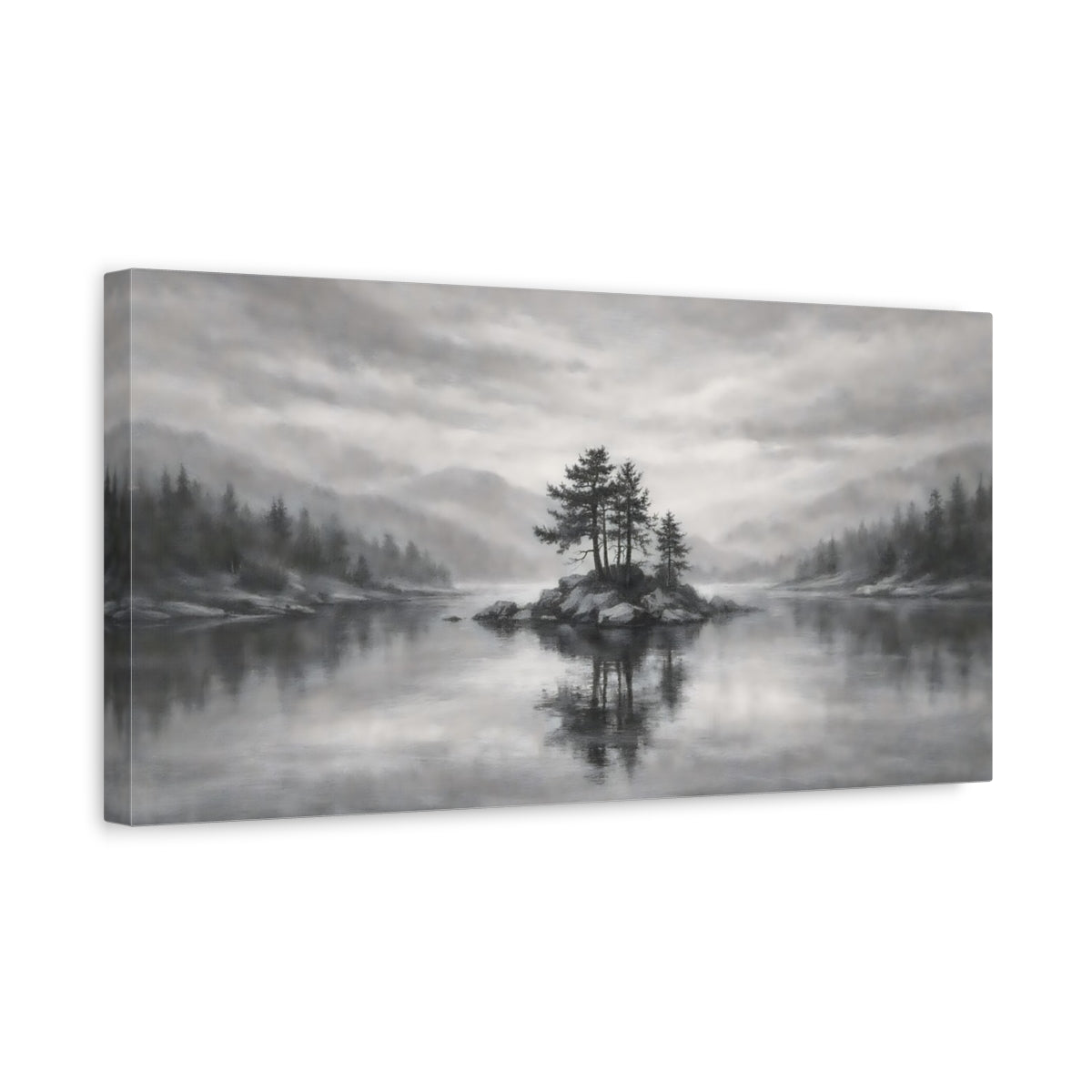 Side Mockup 3. Nature Island Trees Monochrome Landscape shown as stretched canvas wall art