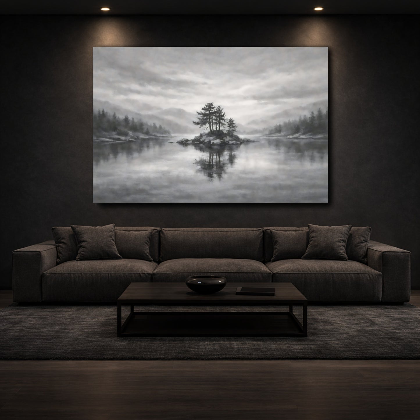 Mockup 2. Nature Island Trees Monochrome Landscape shown as stretched canvas wall art