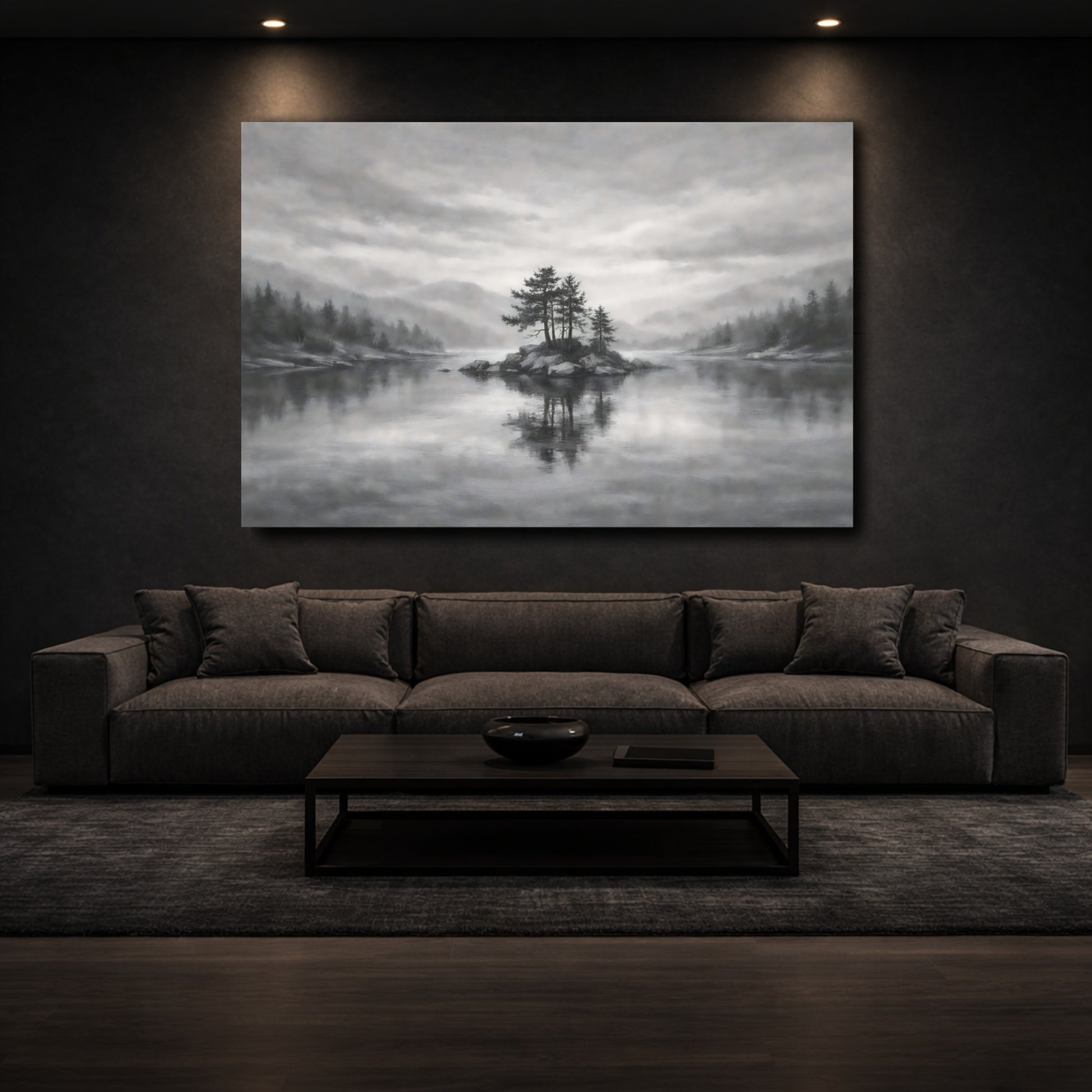Mockup 2. Nature Island Trees Monochrome Landscape shown as stretched canvas wall art