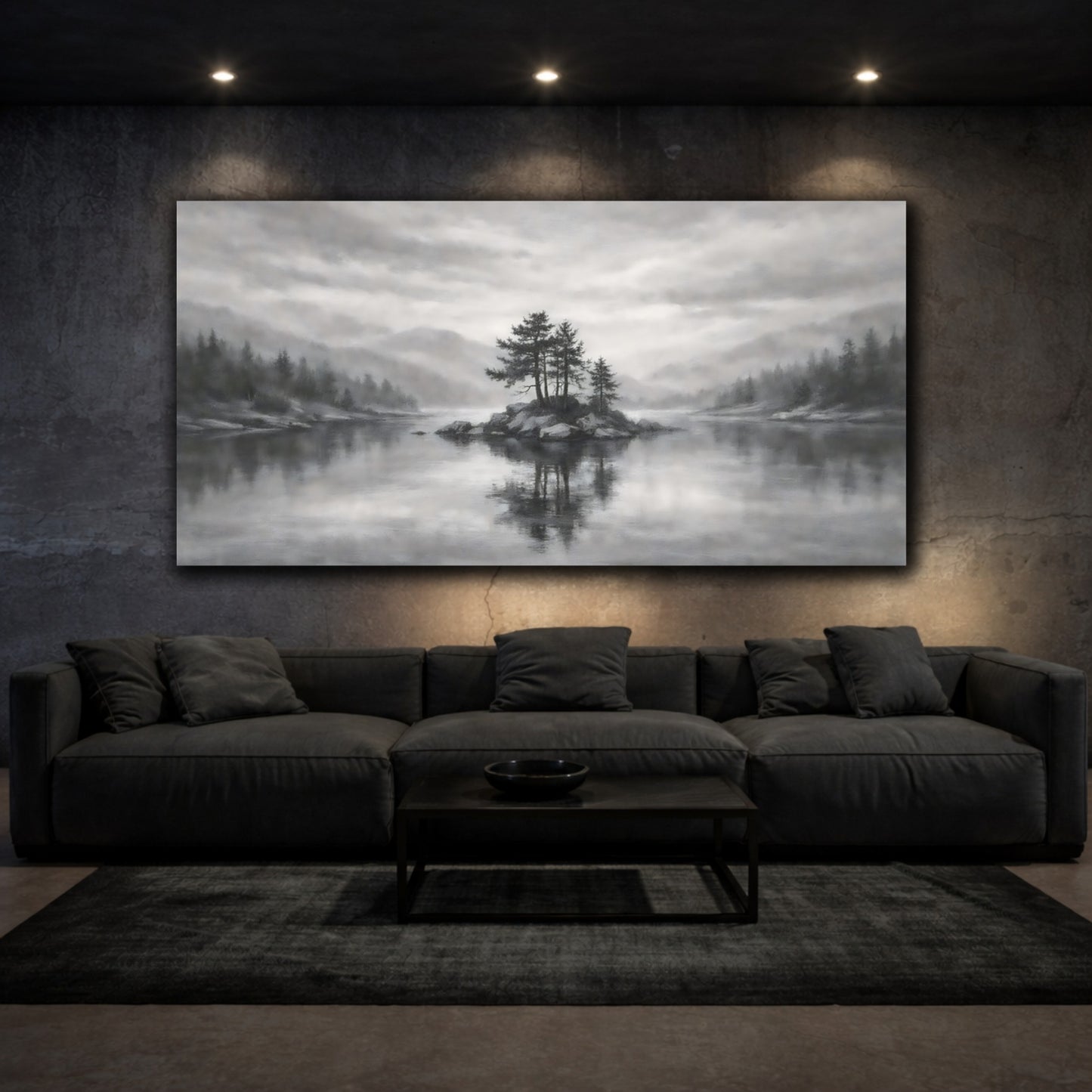 Mockup 2. Nature Island Trees Monochrome Landscape shown as stretched canvas wall art