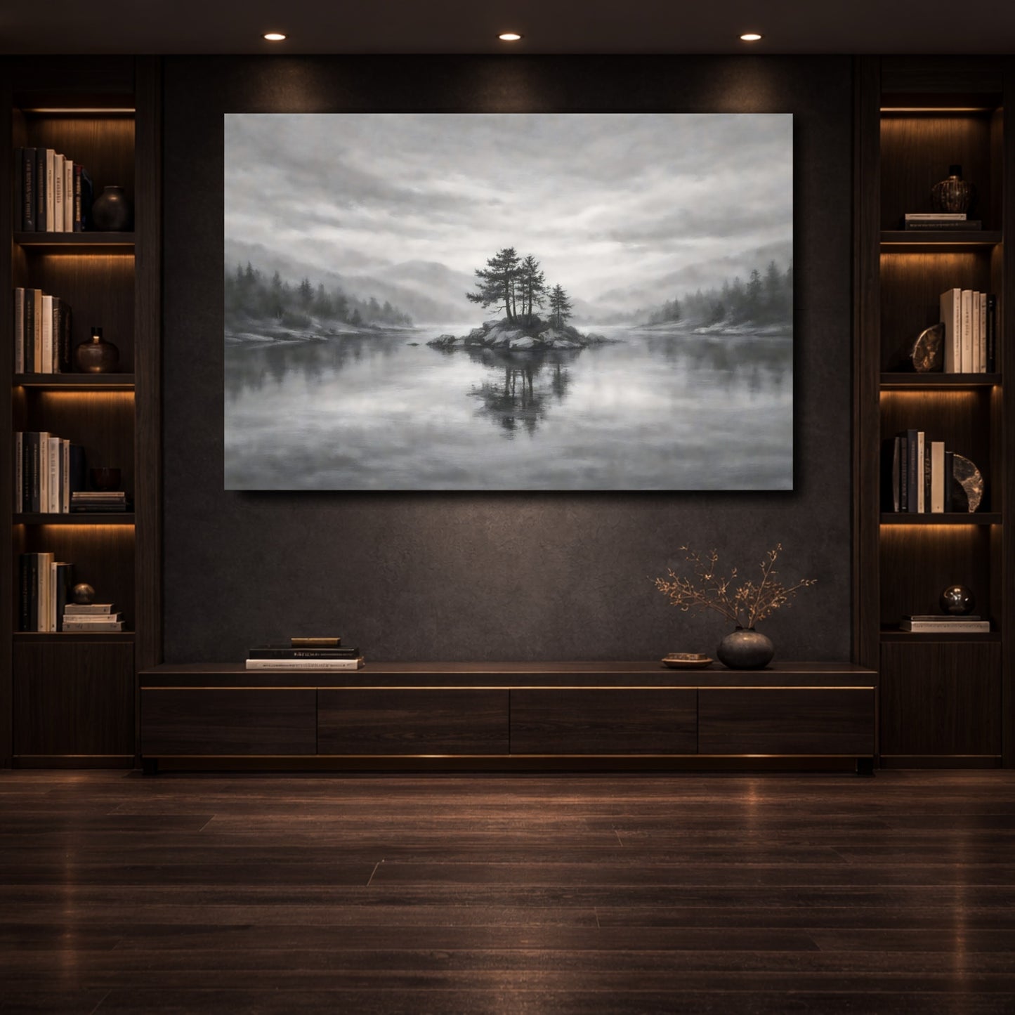 Mockup 3. Nature Island Trees Monochrome Landscape shown as stretched canvas wall art