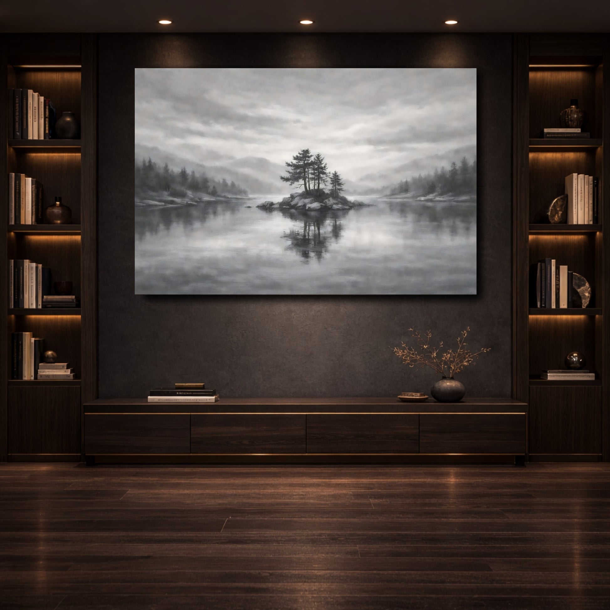 Mockup 3. Nature Island Trees Monochrome Landscape shown as stretched canvas wall art