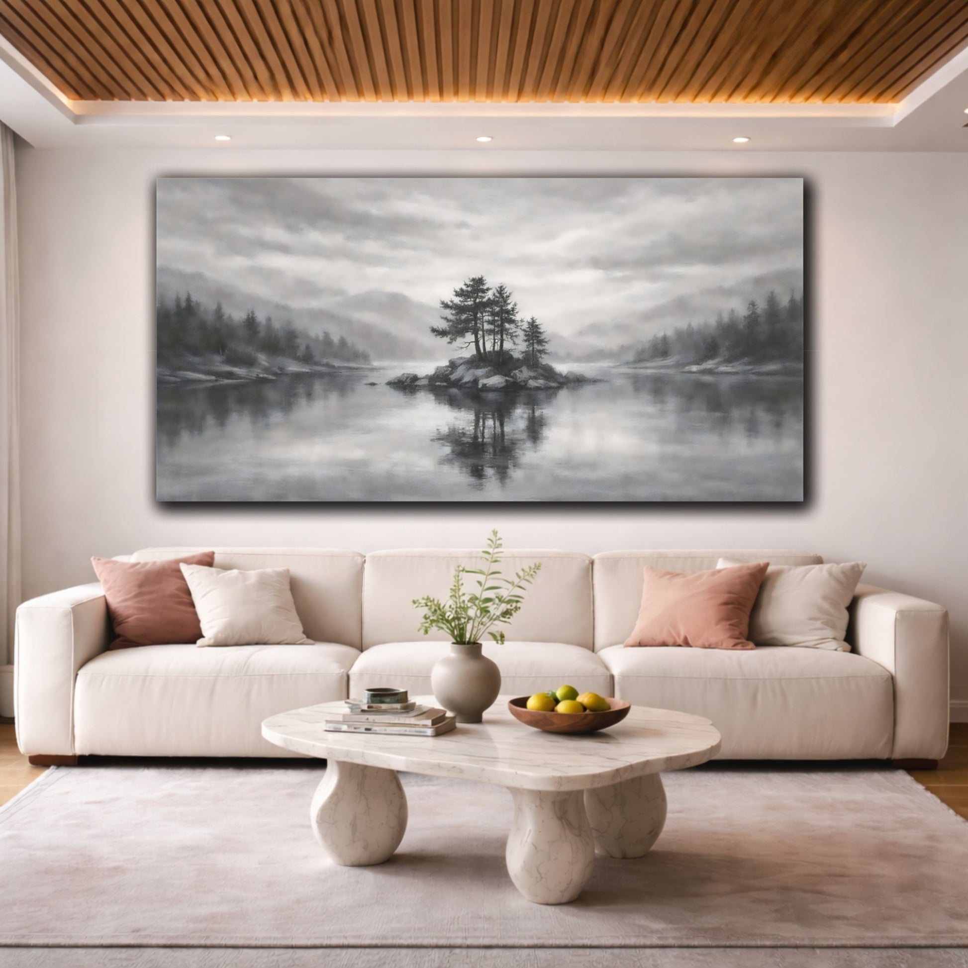 Mockup 3. Nature Island Trees Monochrome Landscape shown as stretched canvas wall art