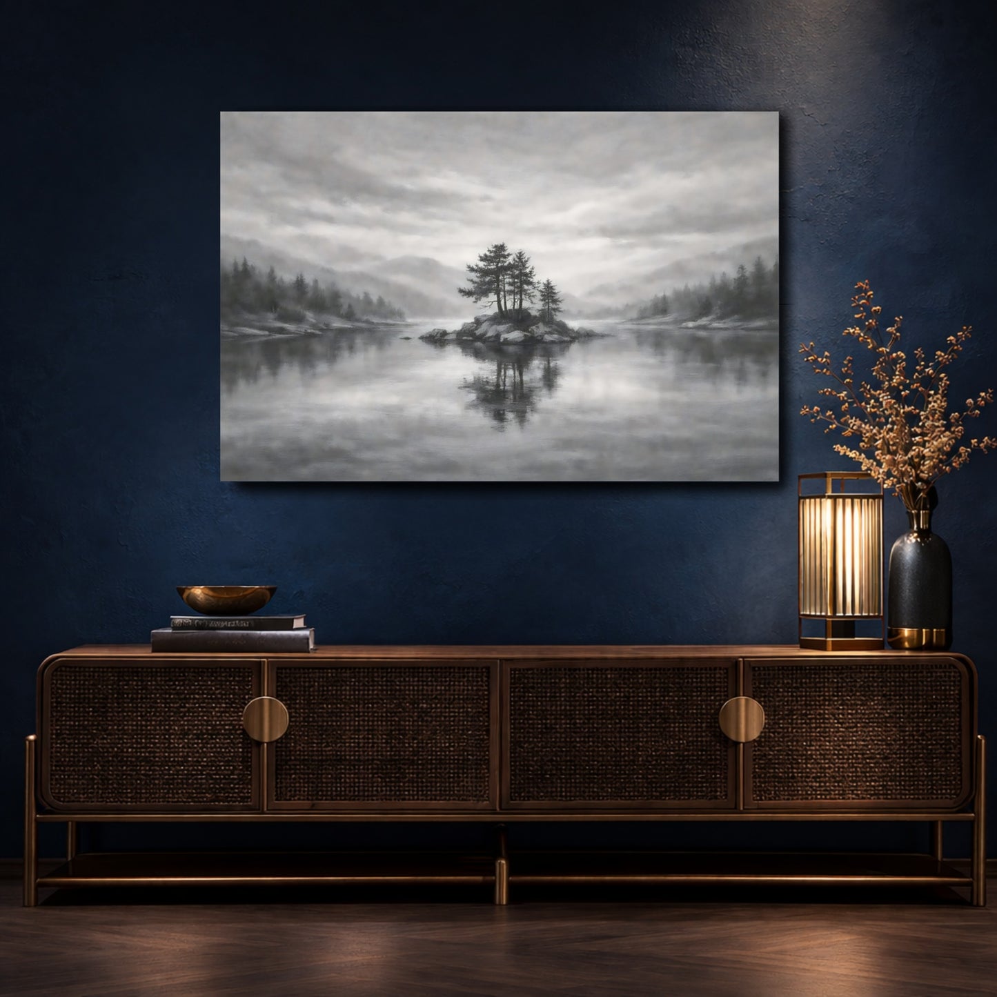 Mockup 4. Nature Island Trees Monochrome Landscape shown as stretched canvas wall art