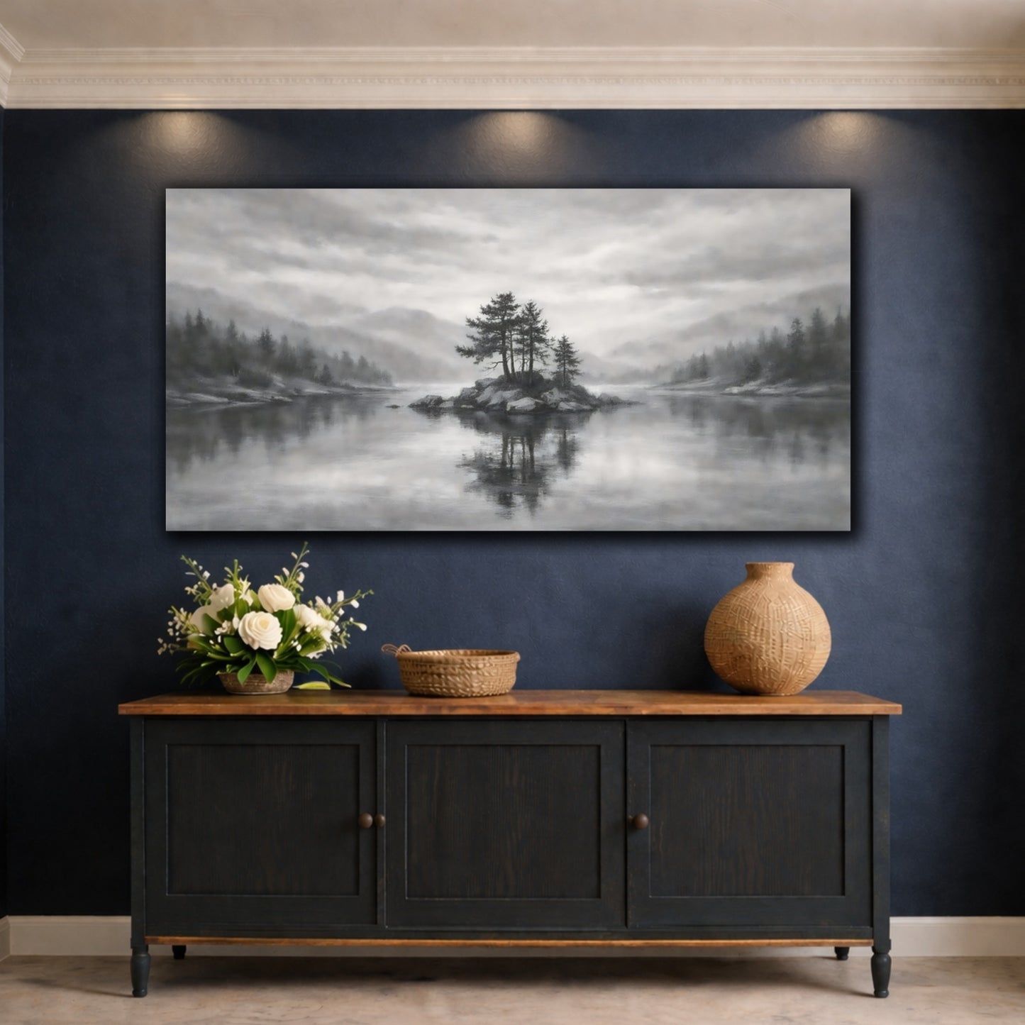 Mockup 4. Nature Island Trees Monochrome Landscape shown as stretched canvas wall art
