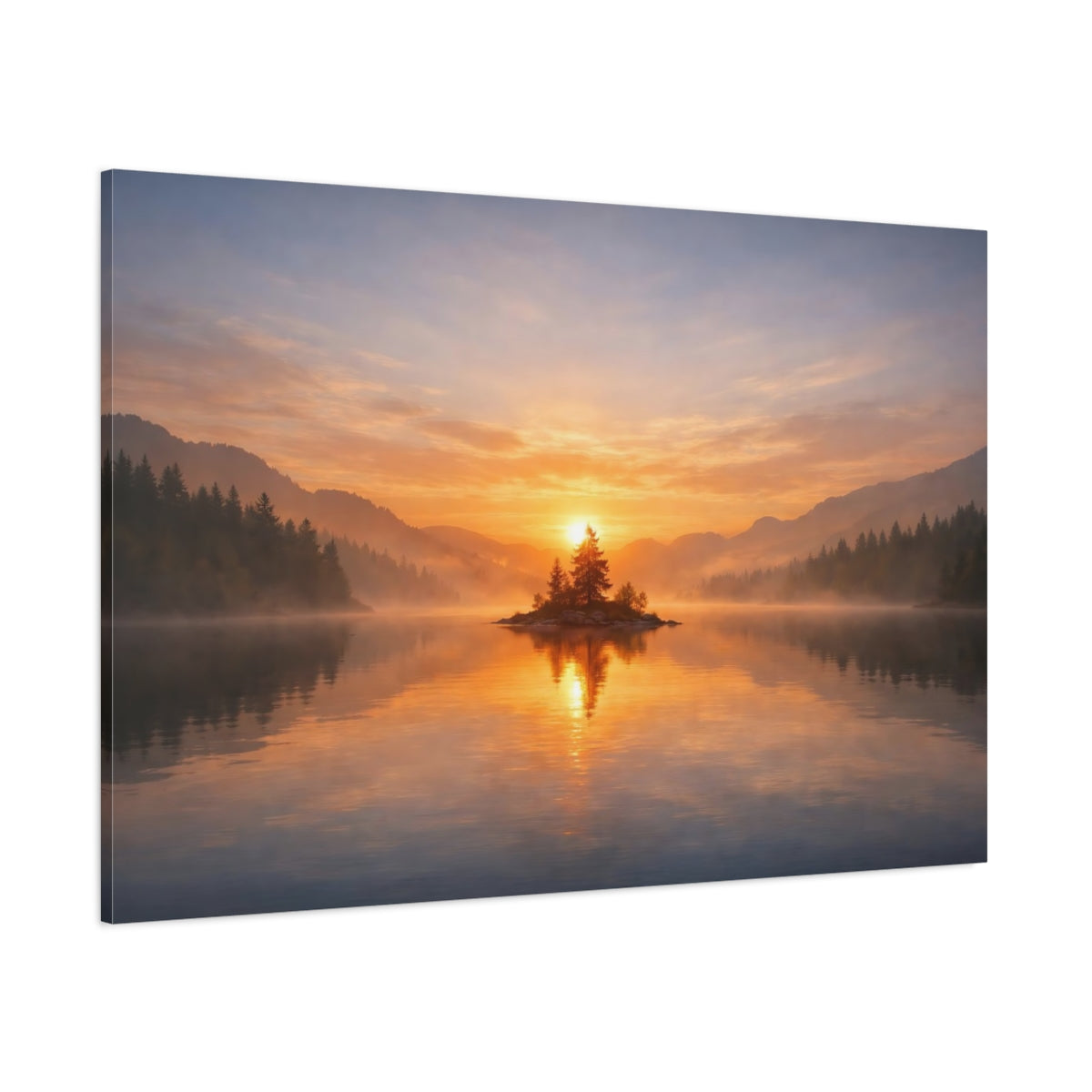 Main Mockup. Nature Island Trees Orange And Blue Landscape shown as stretched canvas wall art