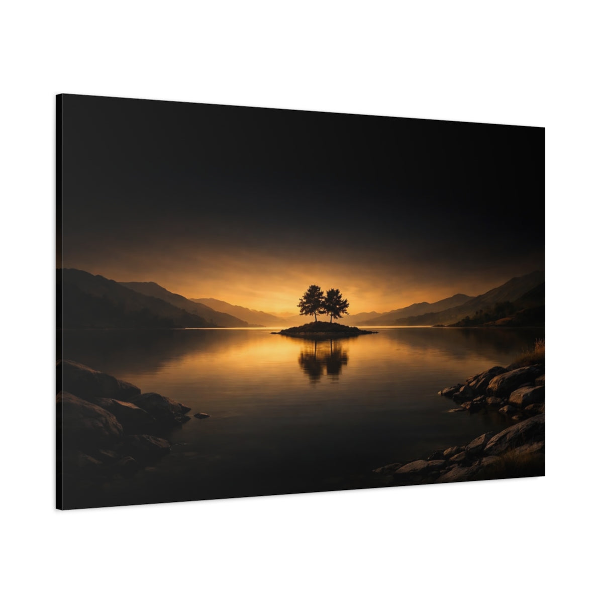 Main Mockup. Nature Island Trees Orange And Dark shown as stretched canvas wall art
