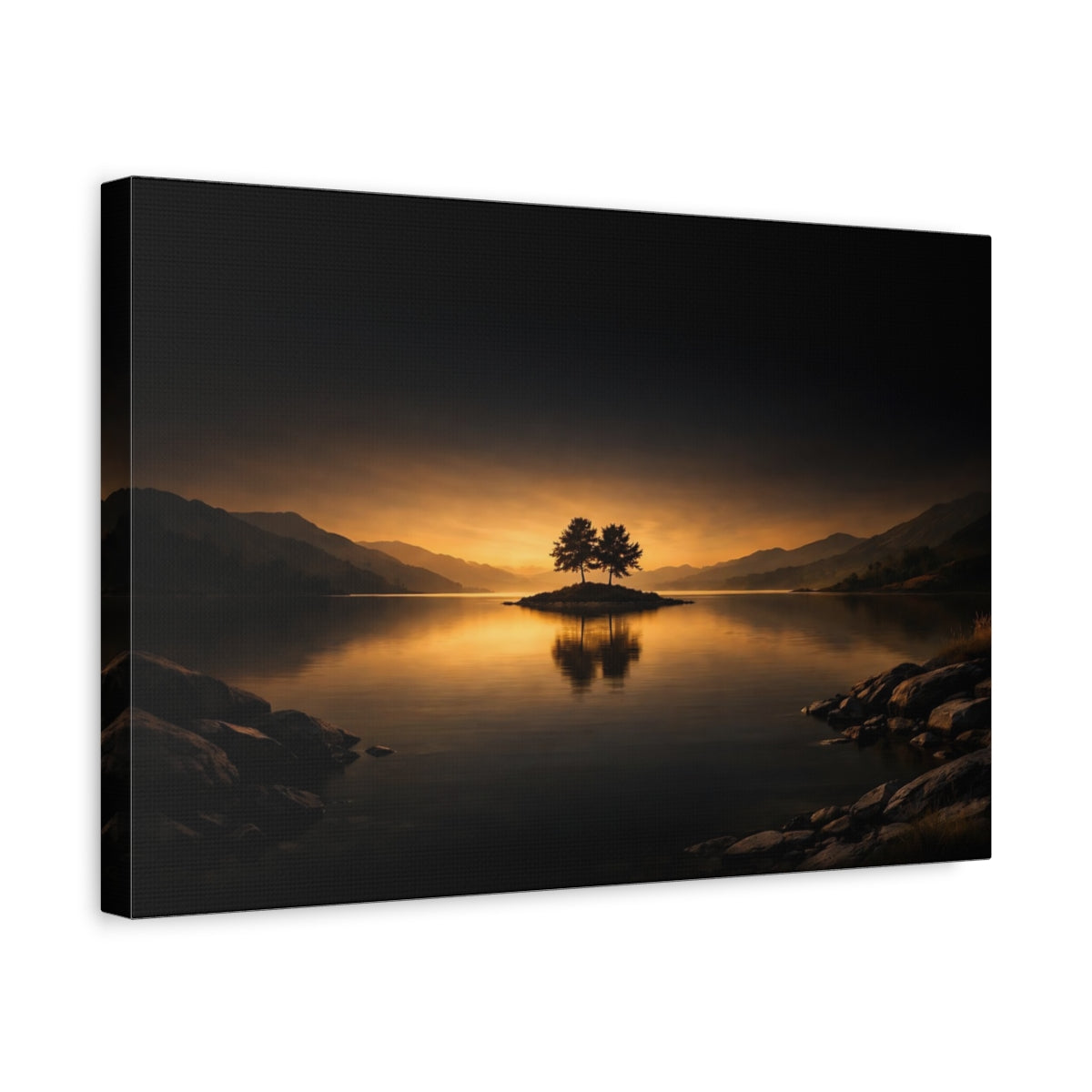 Side Mockup 4. Nature Island Trees Orange And Dark shown as stretched canvas wall art