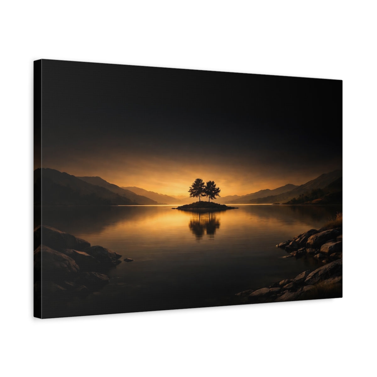 Side Mockup 3. Nature Island Trees Orange And Dark shown as stretched canvas wall art