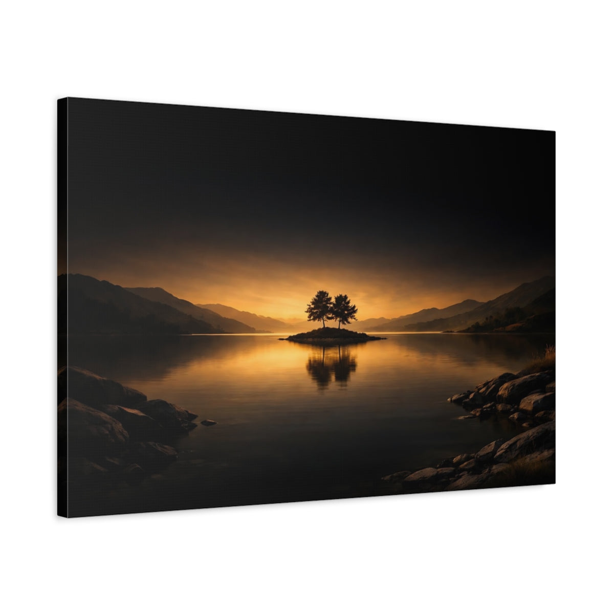 Side Mockup 2. Nature Island Trees Orange And Dark shown as stretched canvas wall art