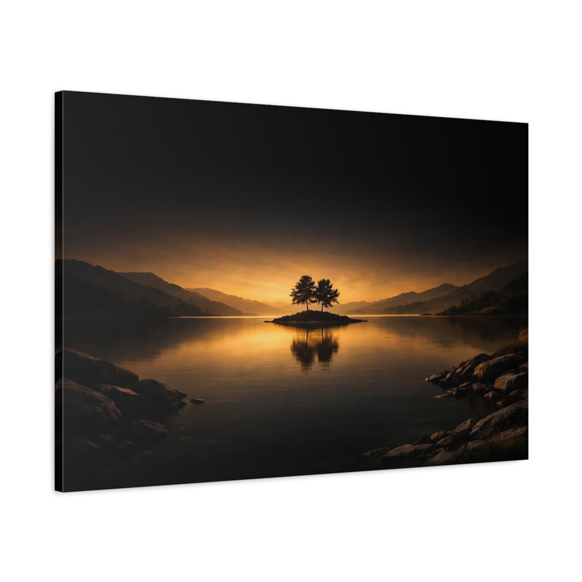 Side Mockup 1. Nature Island Trees Orange And Dark shown as stretched canvas wall art