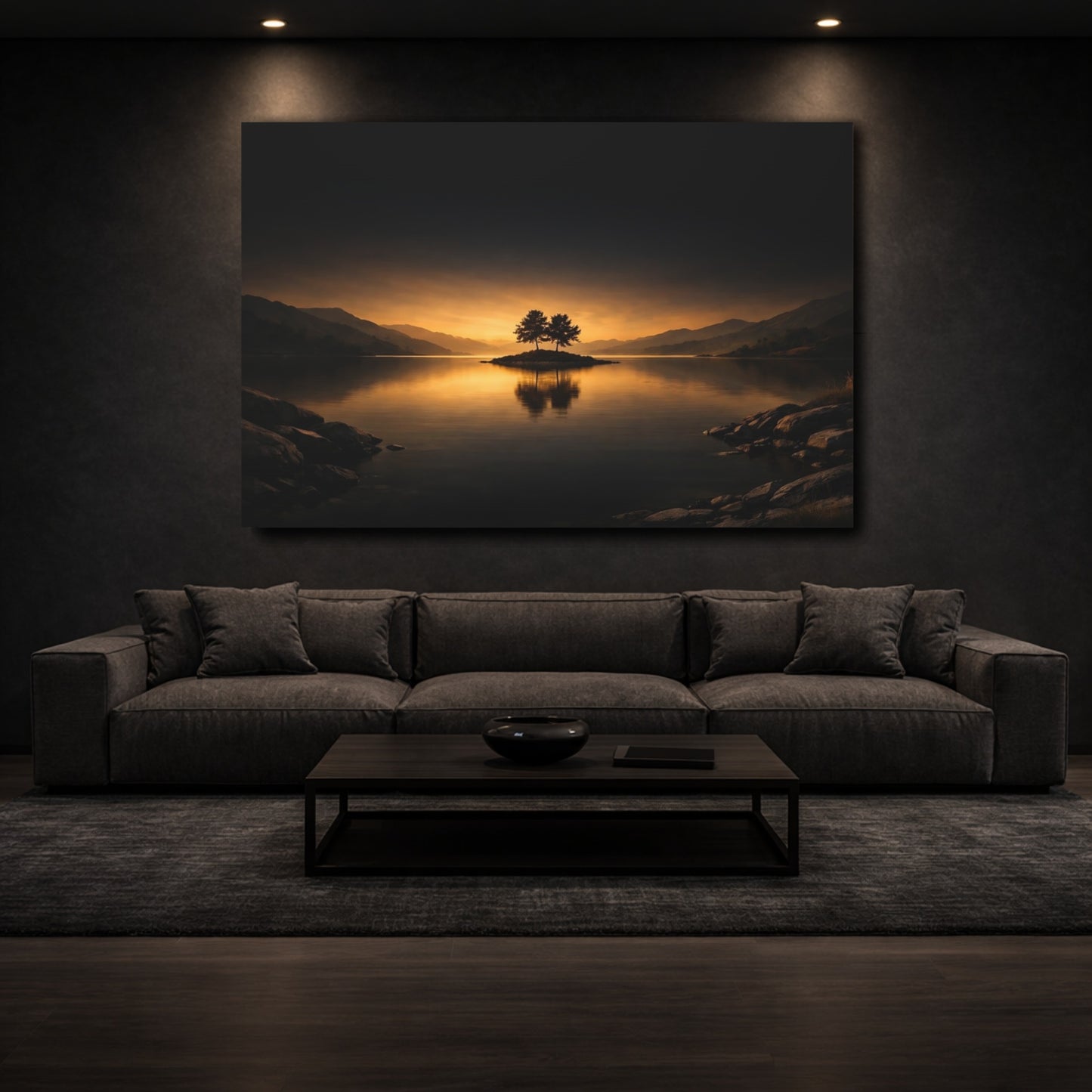 Mockup 2. Nature Island Trees Orange And Dark shown as stretched canvas wall art