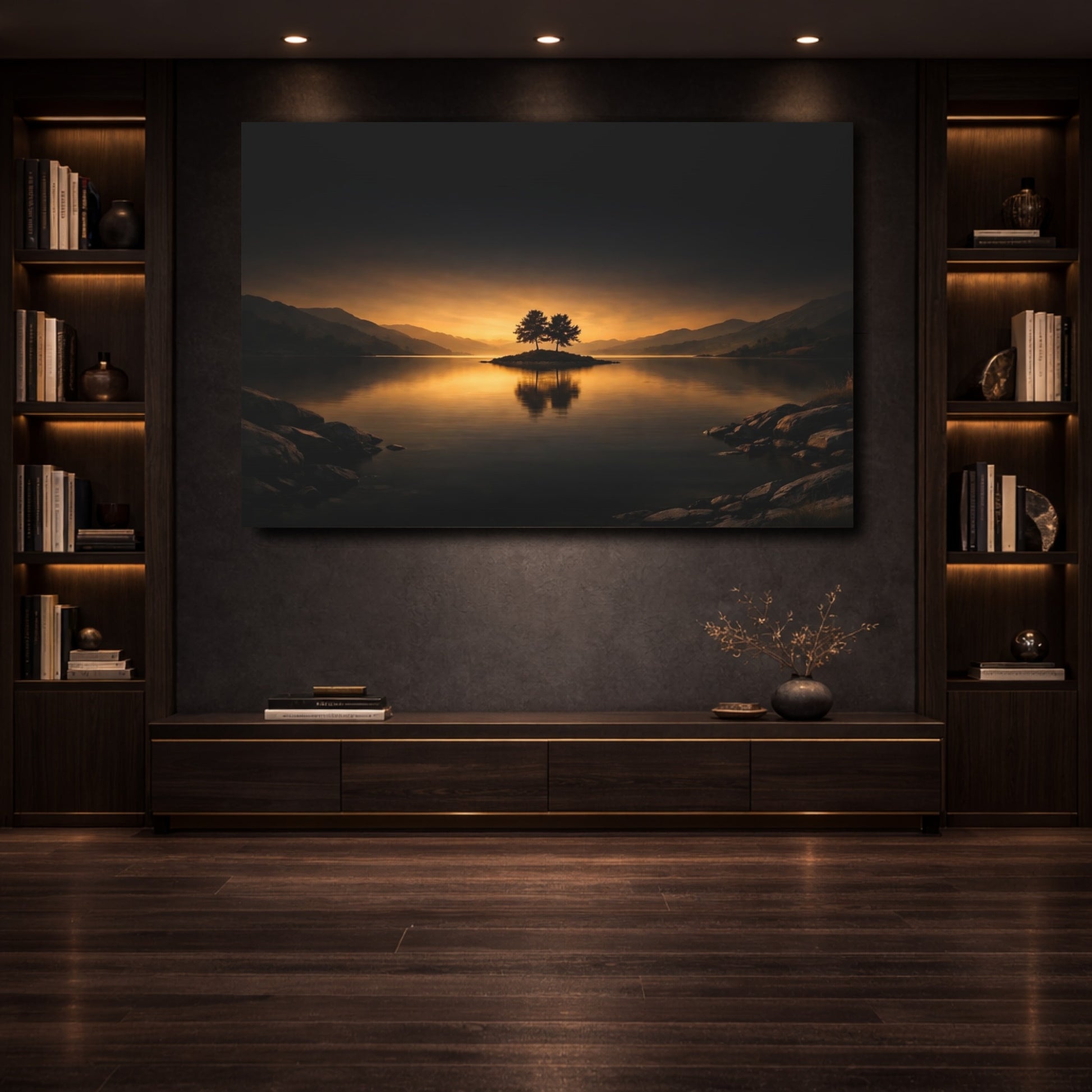 Mockup 3. Nature Island Trees Orange And Dark shown as stretched canvas wall art