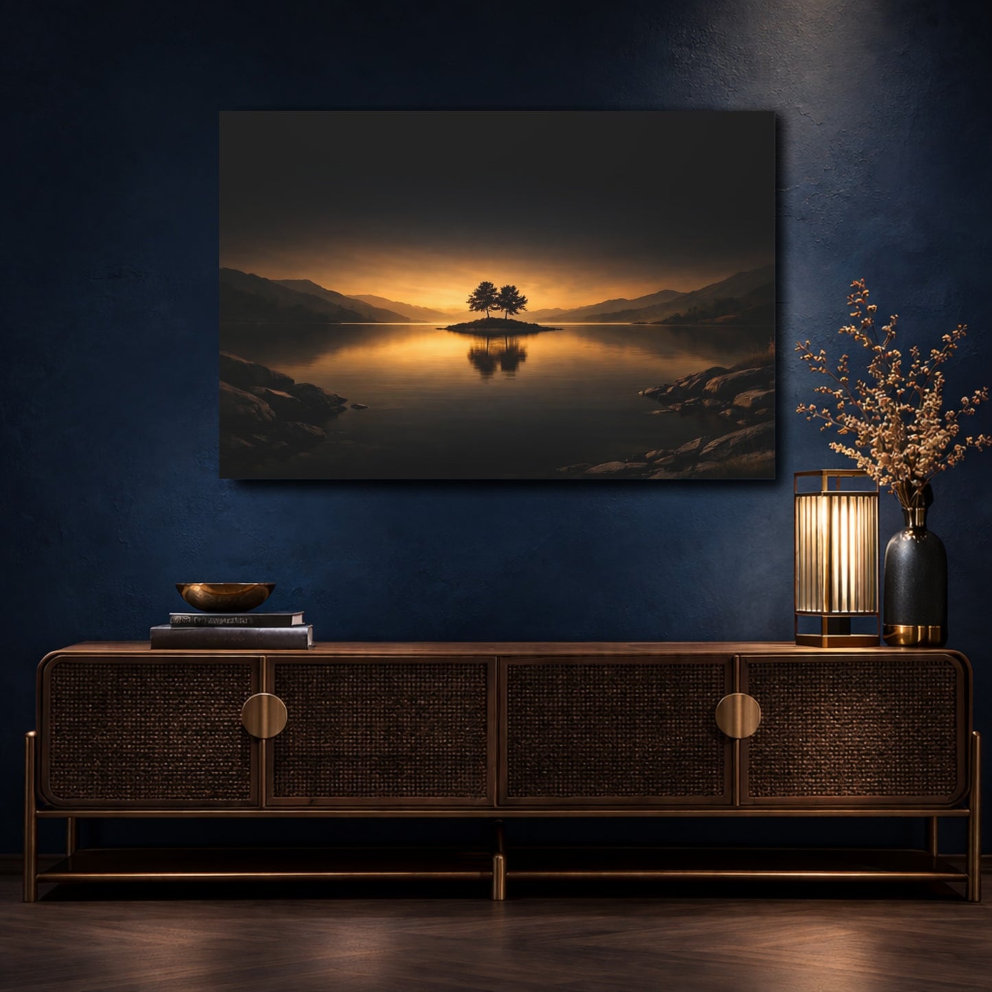 Mockup 4. Nature Island Trees Orange And Dark shown as stretched canvas wall art
