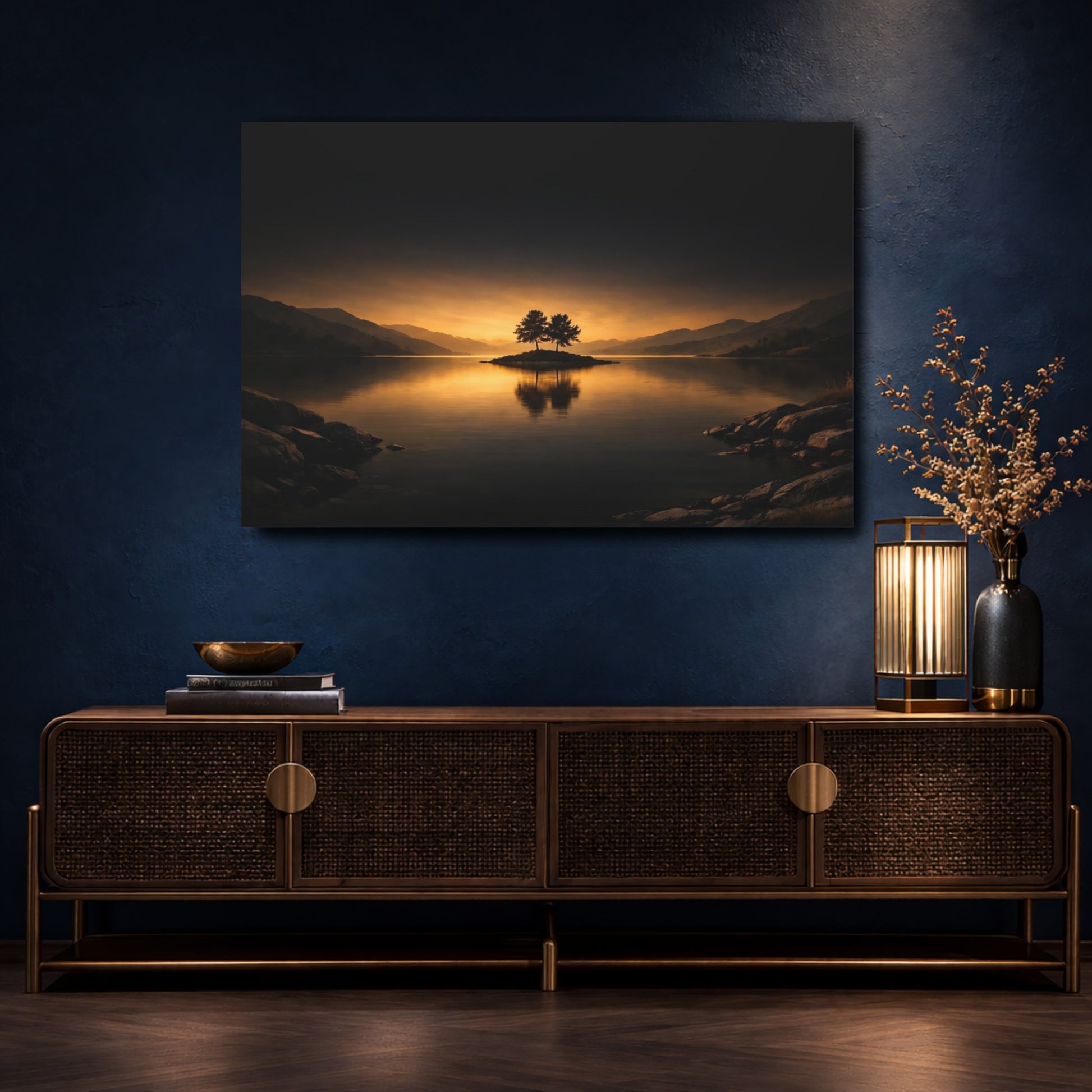 Mockup 4. Nature Island Trees Orange And Dark shown as stretched canvas wall art