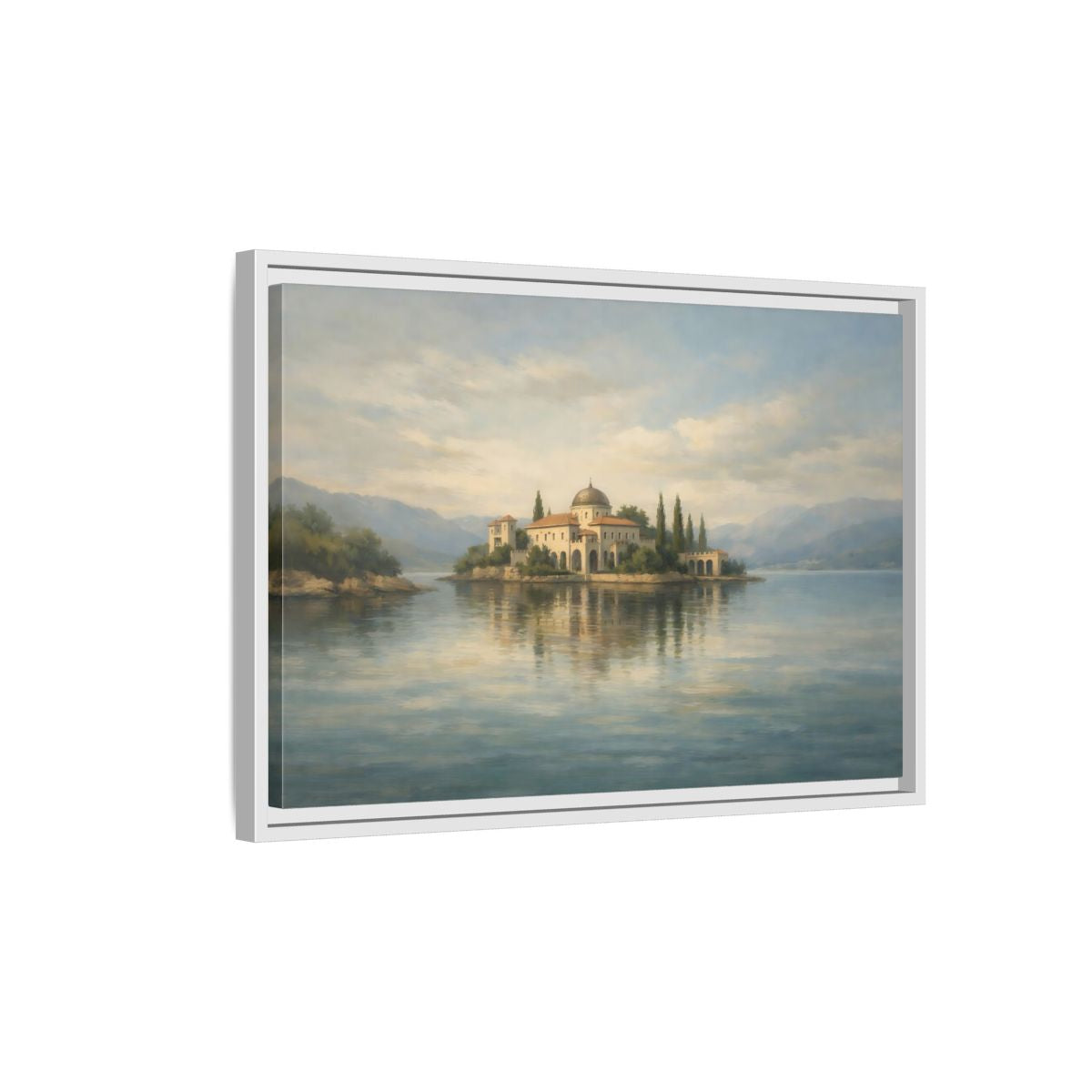 Side Mockup 1. Nature Island Villa Blue Green Island shown as stretched canvas wall art