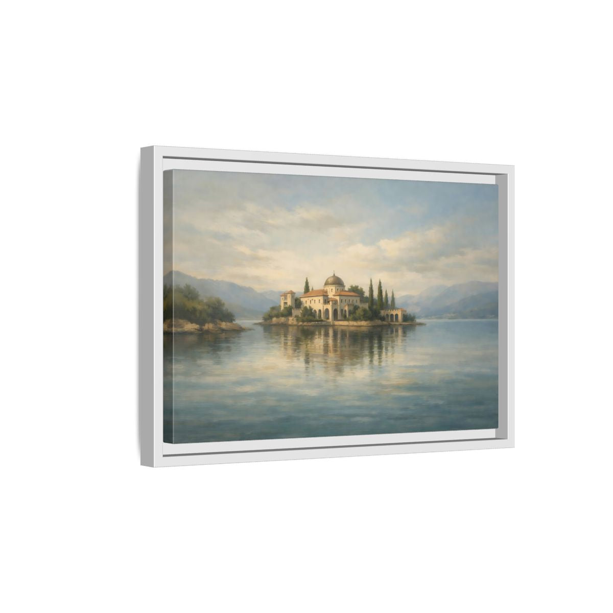 Side Mockup 4. Nature Island Villa Blue Green Island shown as stretched canvas wall art