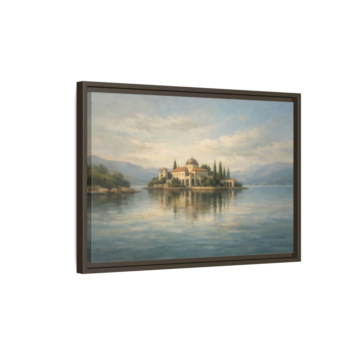 Side Mockup 2. Nature Island Villa Blue Green Island shown as stretched canvas wall art