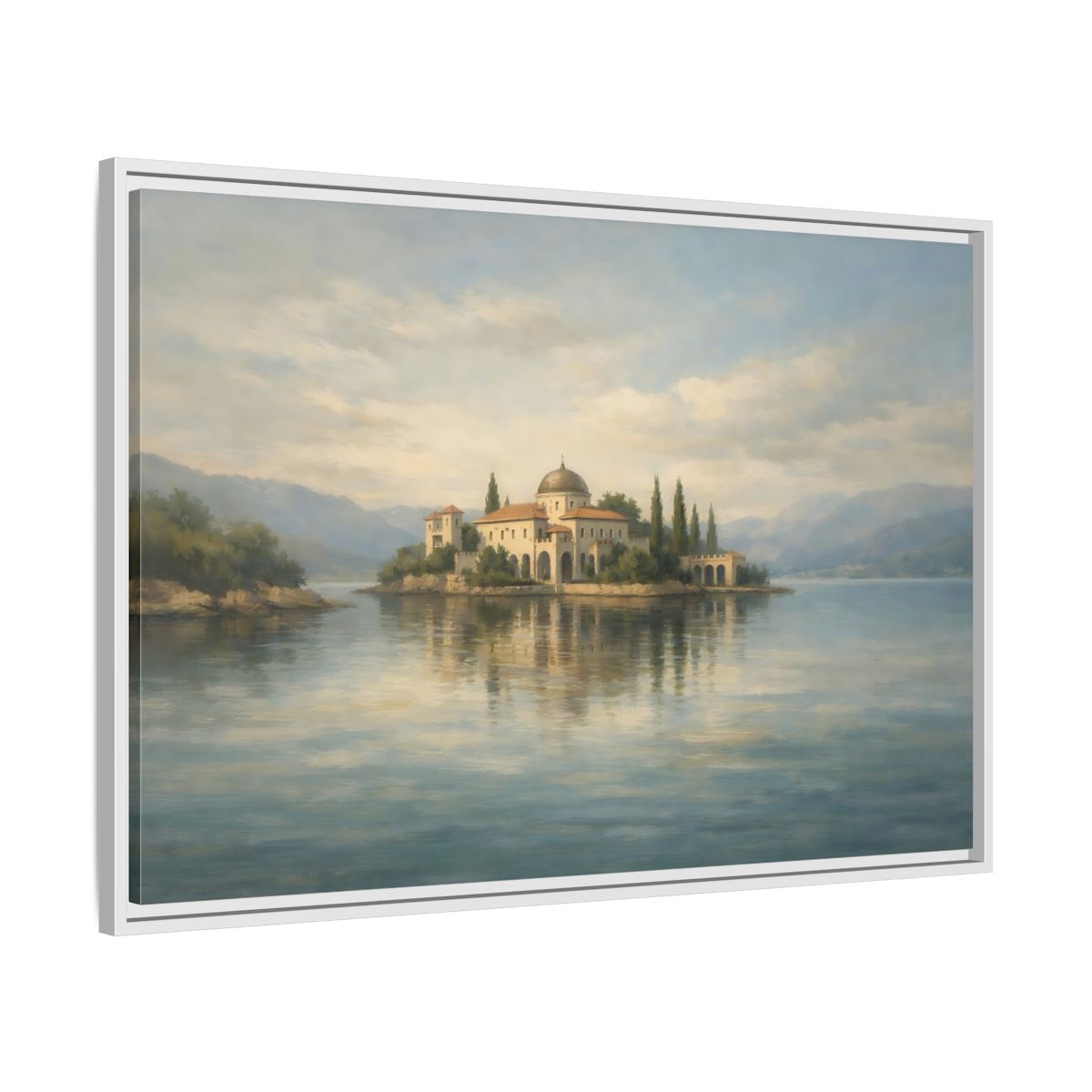 Side Mockup 8. Nature Island Villa Blue Green Island shown as stretched canvas wall art