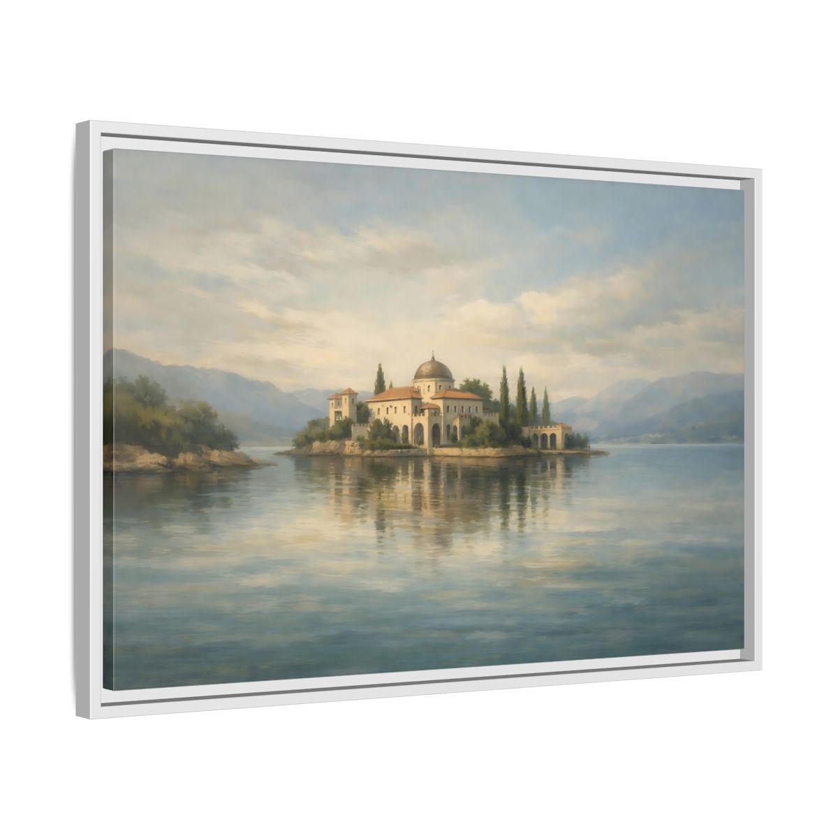 Side Mockup 10. Nature Island Villa Blue Green Island shown as stretched canvas wall art
