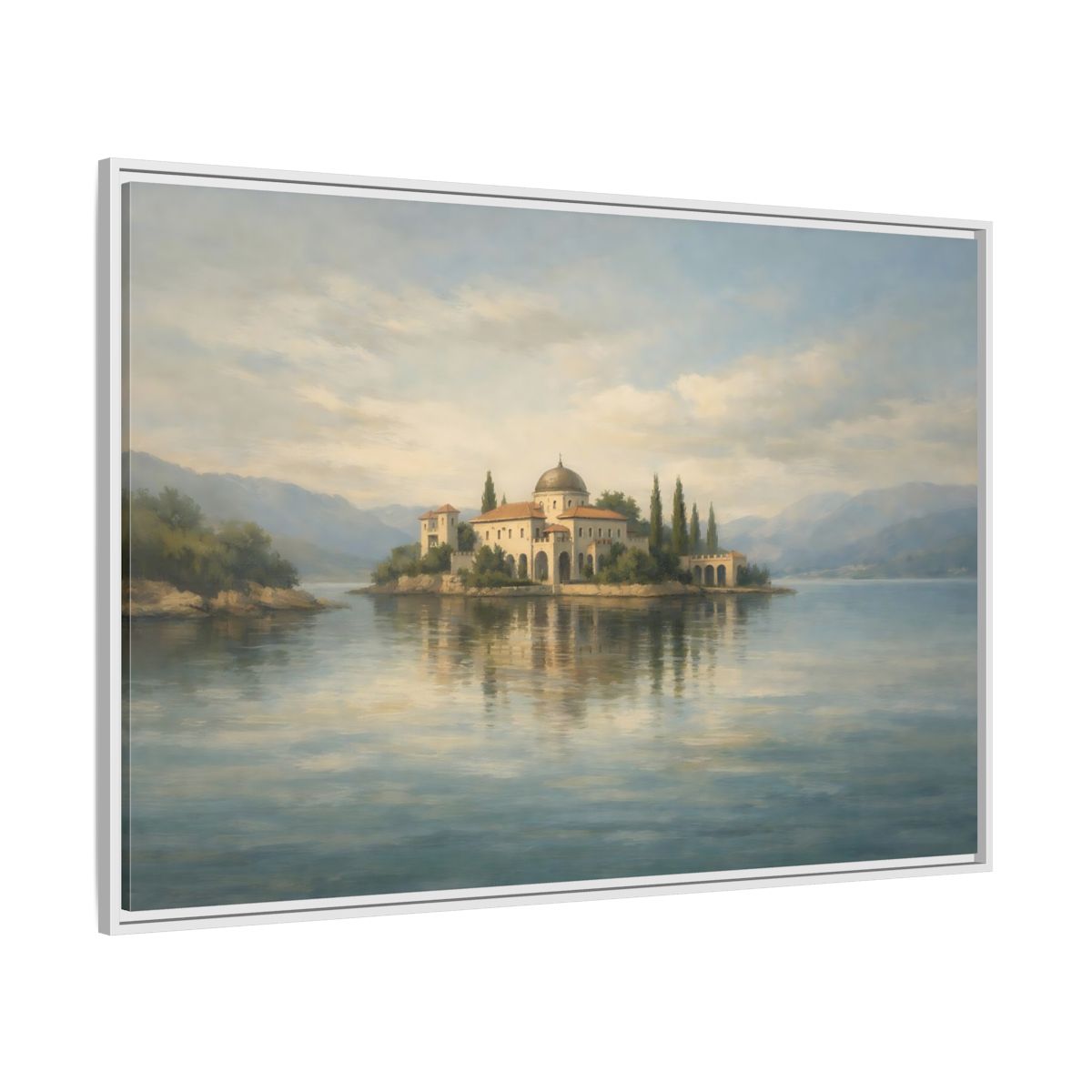 Side Mockup 7. Nature Island Villa Blue Green Island shown as stretched canvas wall art