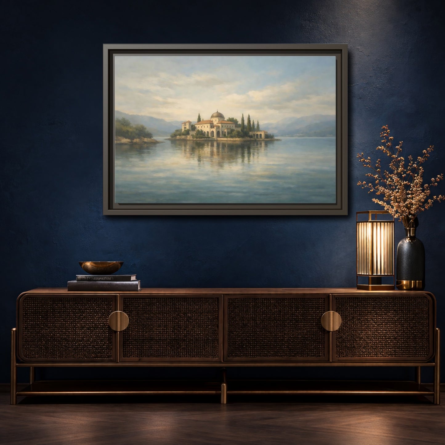 Mockup 4. Nature Island Villa Blue Green Island shown as stretched canvas wall art